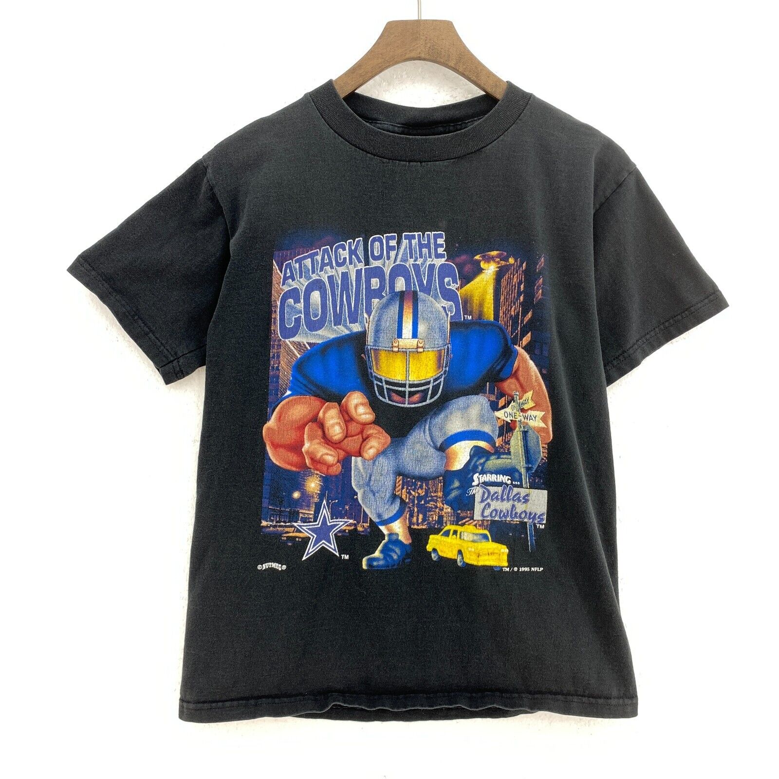 Vintage Nutmeg Dallas Cowboys 1995 NFL Black T-shirt Size L Kids
