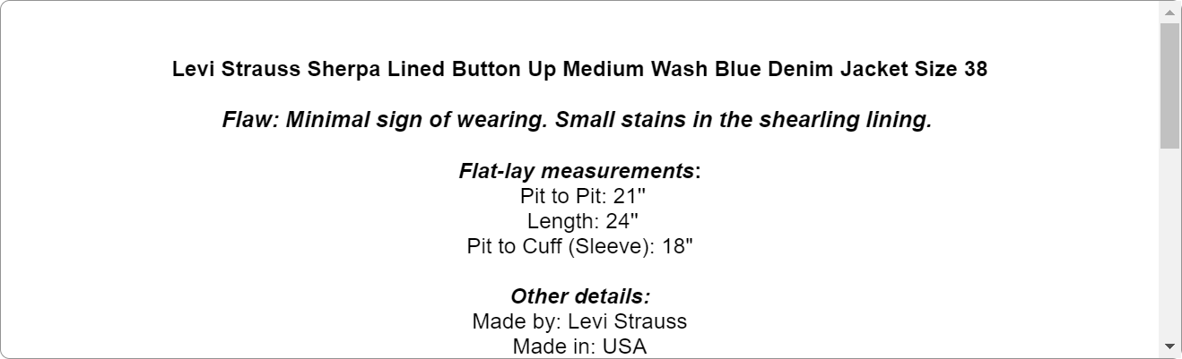 Levi Strauss Sherpa Lined Button Up Medium Wash Blue Denim Jacket Size 38
