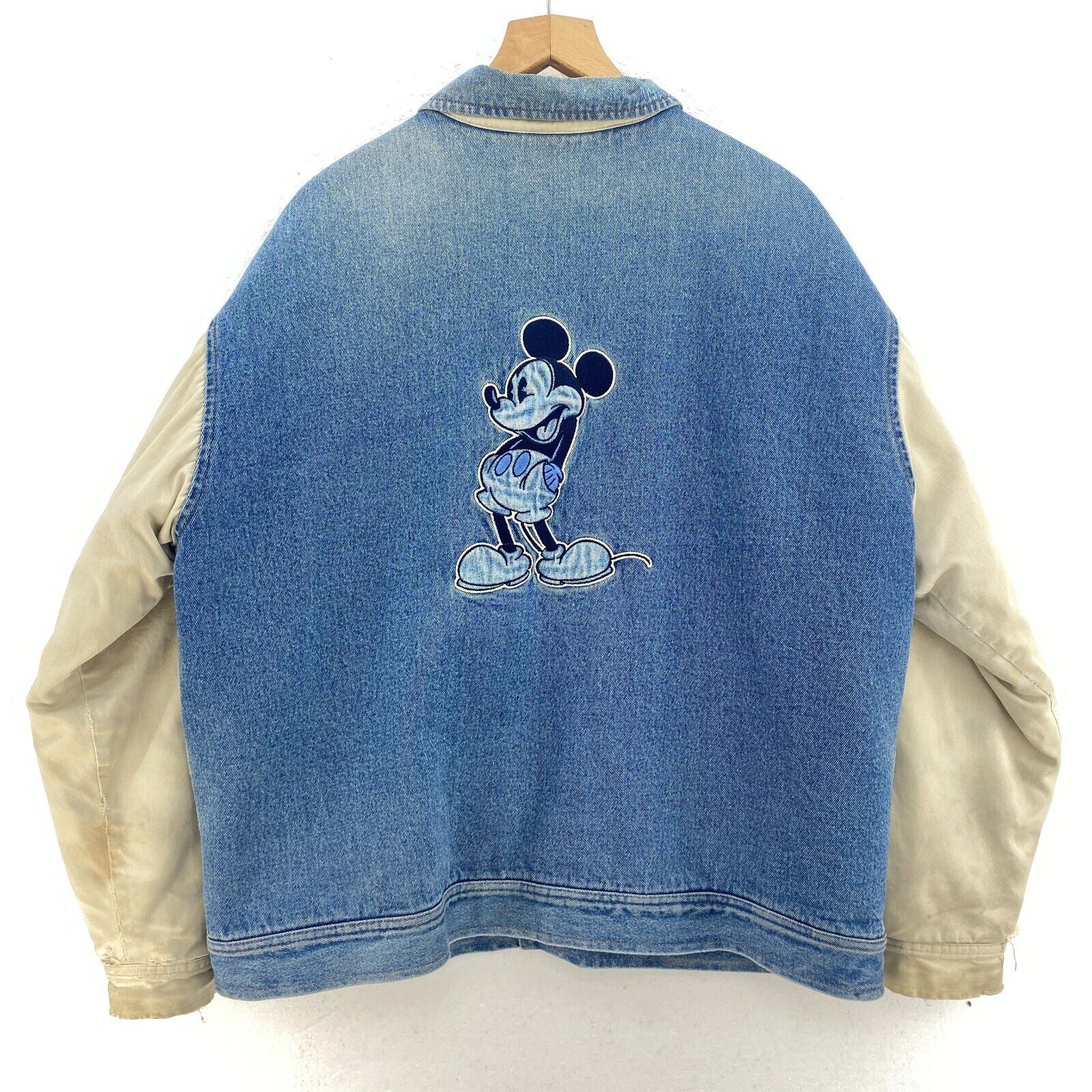 Walt Disney Mickey Mouse Medium Wash Insulated Denim Varsity Jacket Size L Blue