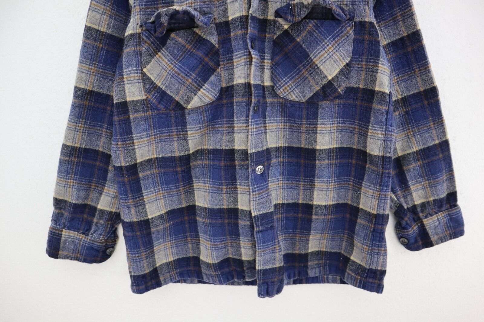 Vintage Pendleton Blue Checked Double Pocket Wool Button Up Shirt Size M