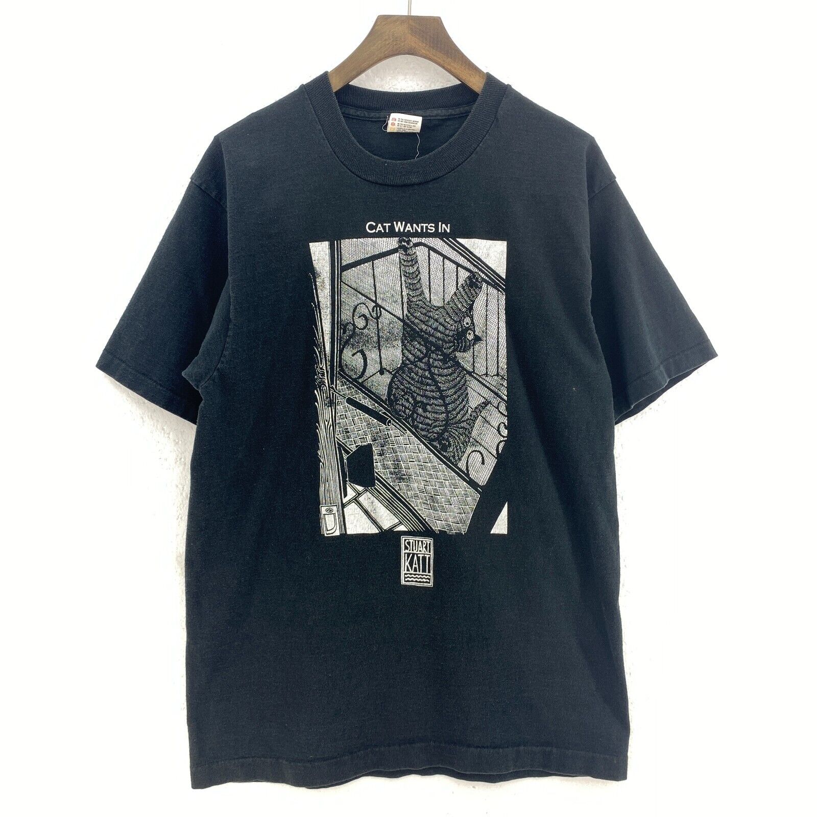 Cat Wants In Cat Wants Out Front And Back Graphic Print Black T-shirt Size L