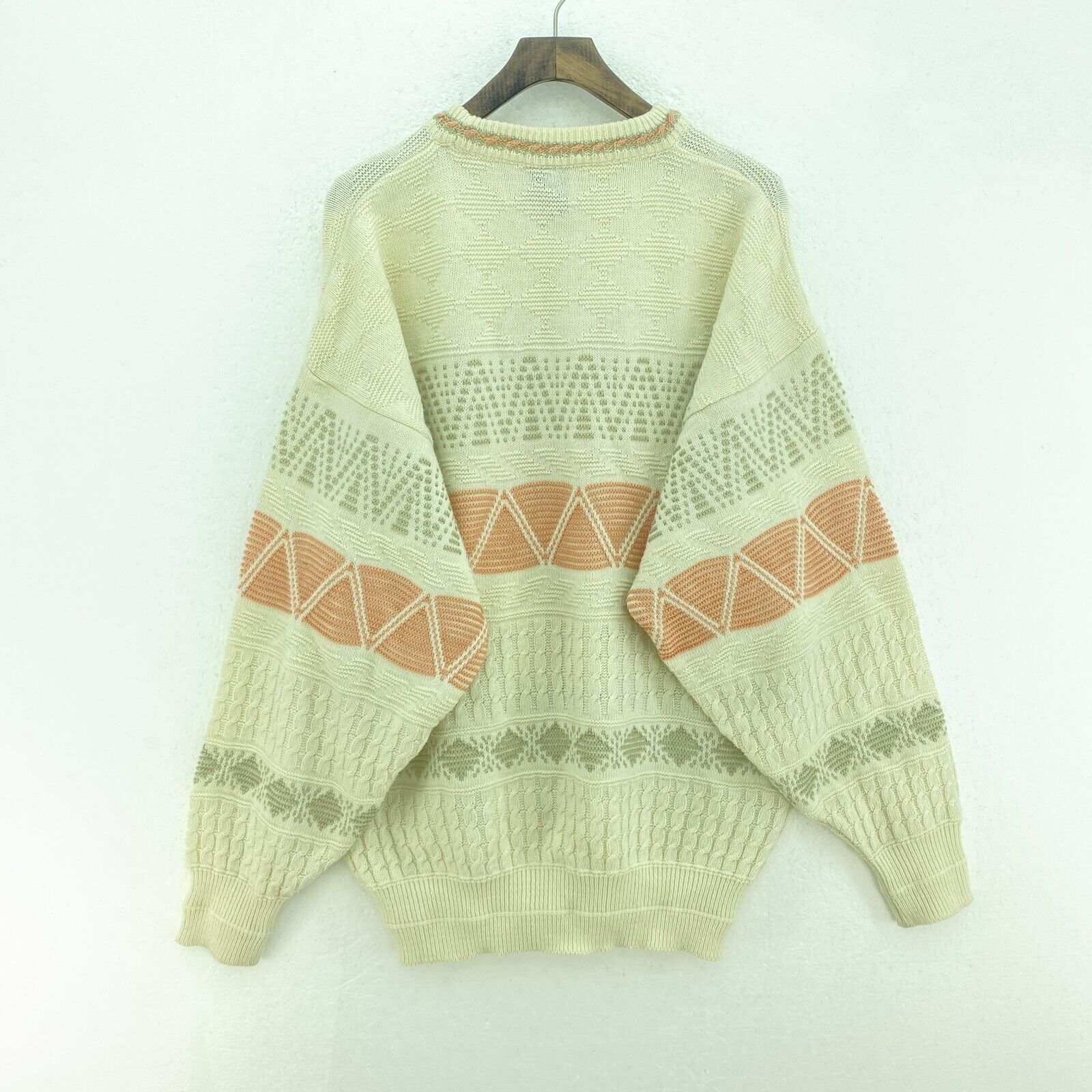 Vintage 3-D Wool Sweater Size L Beige Geometric Knit Women's