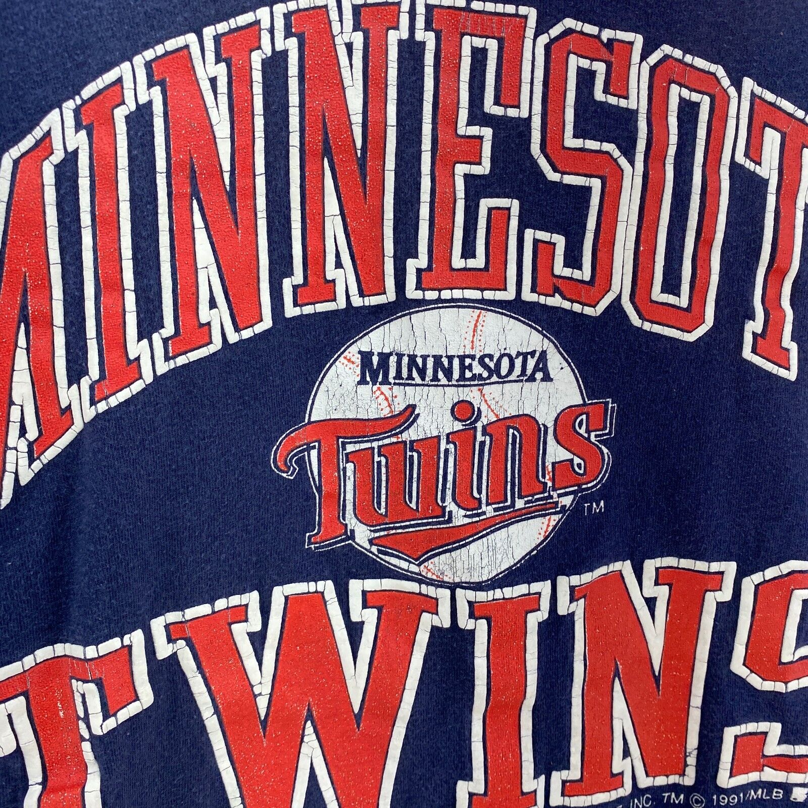Vintage Logo 7 Minnesota Twins 1991 MLB T-shirt Size L Blue Single Stitch