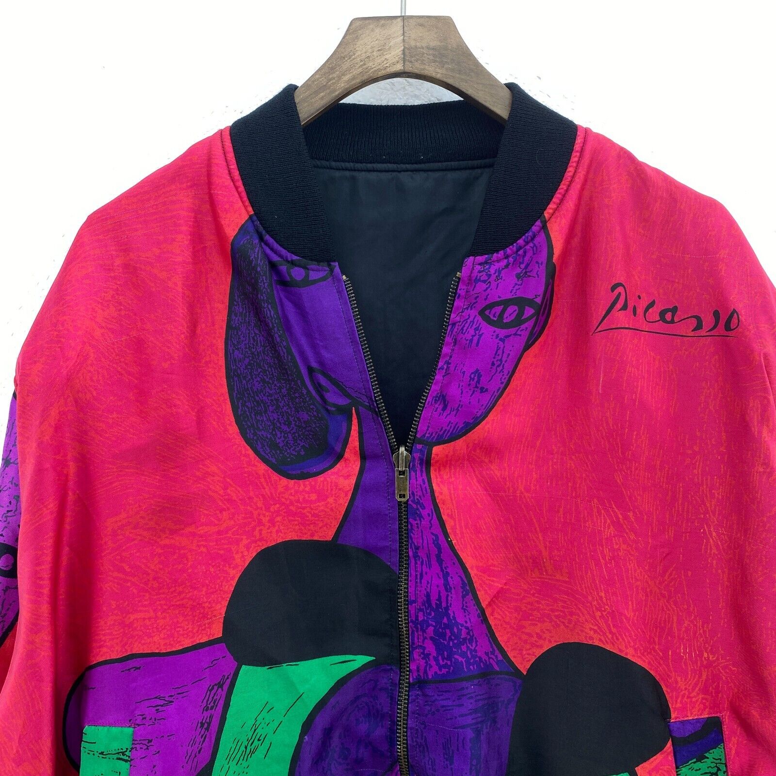 Picasso All Over Print Reversible Satin Full Zip Black Bomber Jacket Size XL