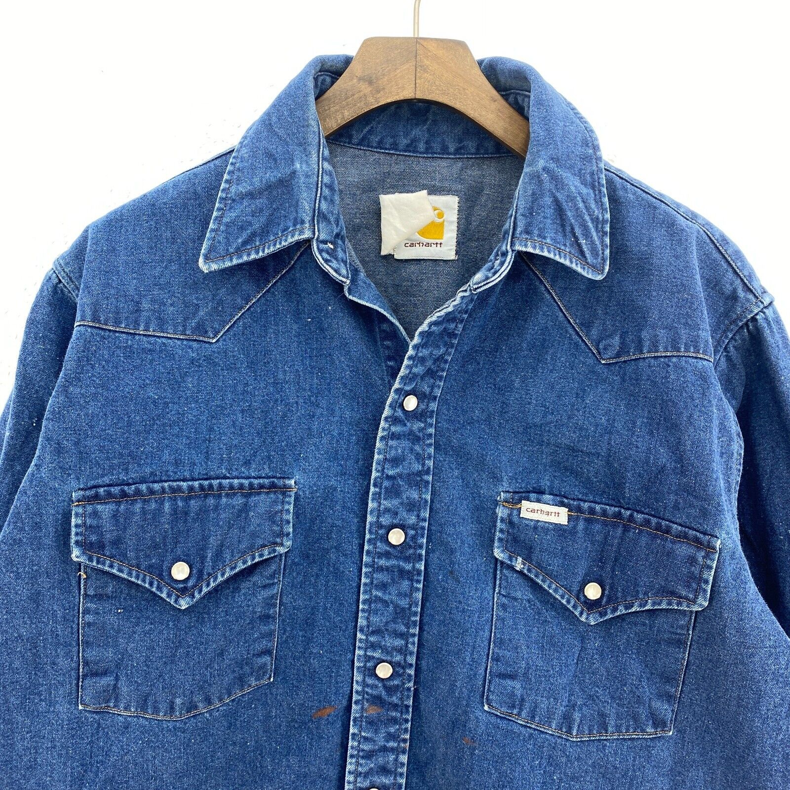 Vintage Carhartt Double Pocket Medium Wash Blue Denim Shirt Size M