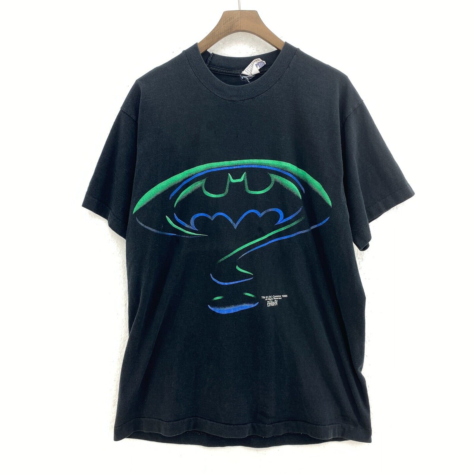 Batman DC Comics 1995 Logo Graphic Print Black T-shirt Size L Single Stitch