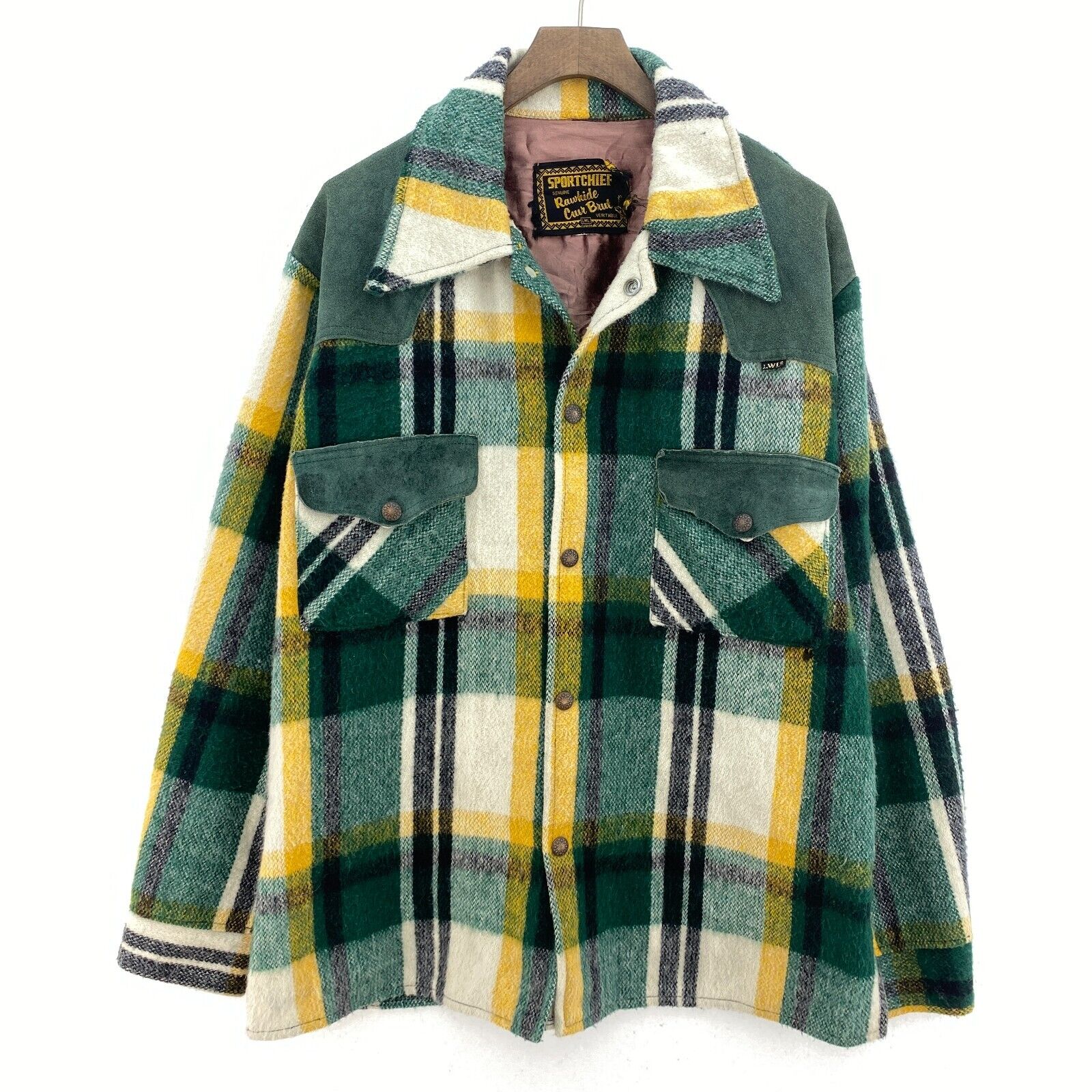 Vintage Green Checked Double Pocket Snapped LWL Wool Shirt Jacket Size L