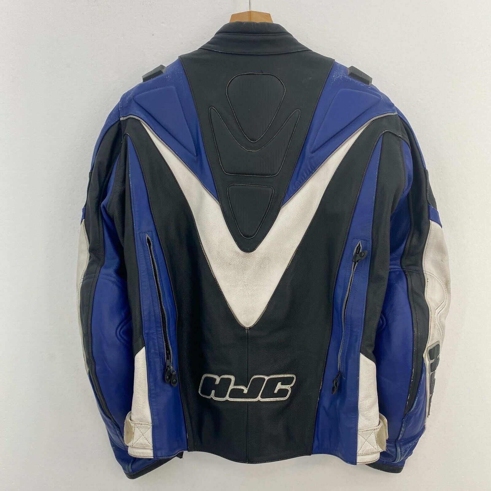 HJC Apparel Black Blue Leather Biker Jacket Size 48 Armoured Elbow & Shoulder