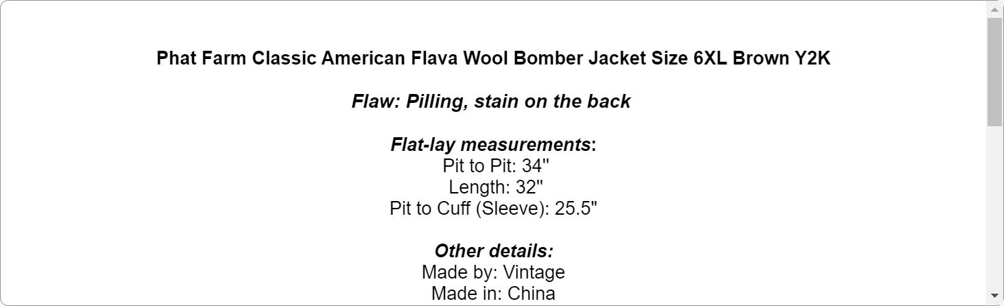 Phat Farm Classic American Flava Wool Bomber Jacket Size 6XL Brown Y2K