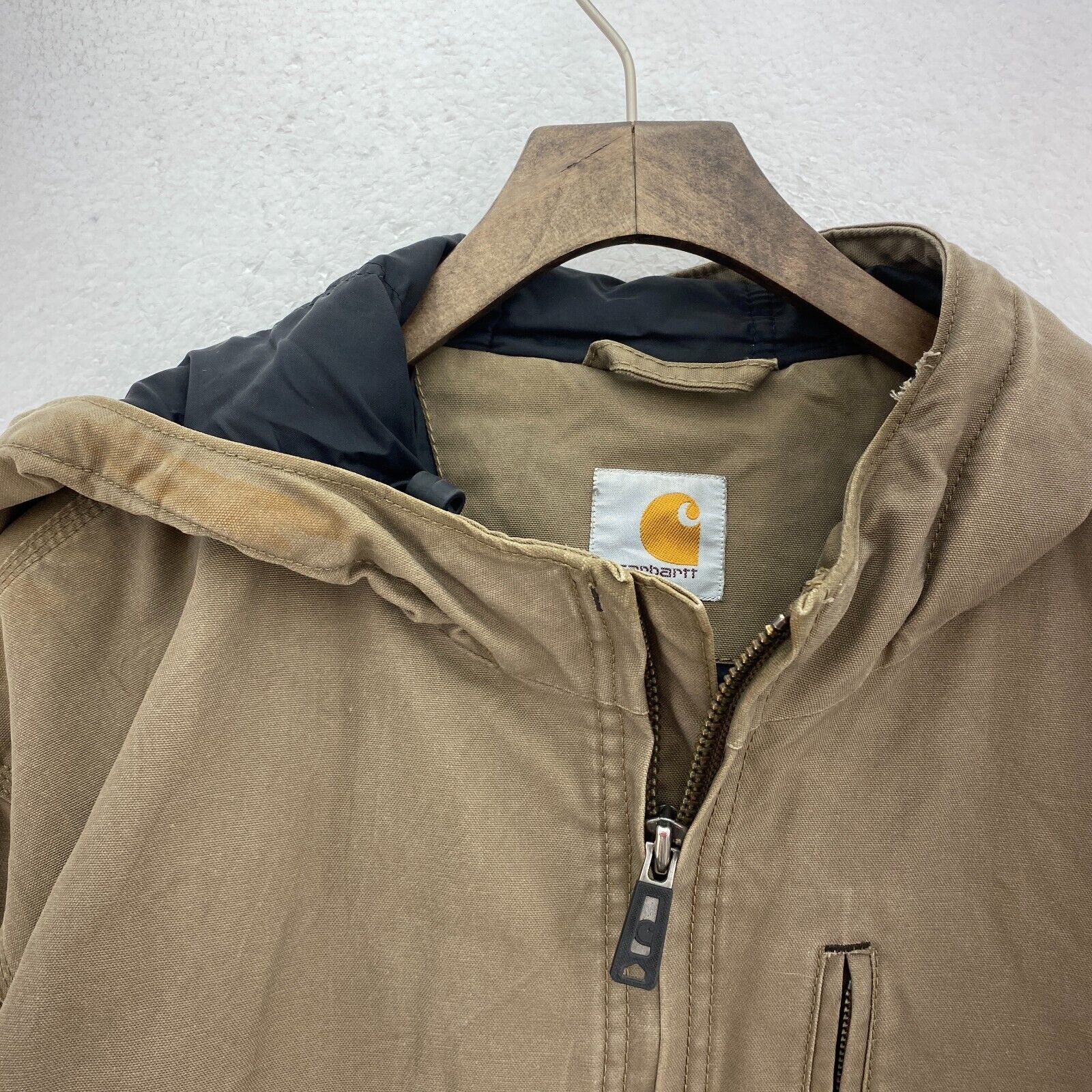 Vintage Carhartt Full Zip Beige Hooded Canvas Jacket Size L