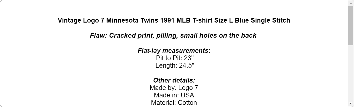 Vintage Logo 7 Minnesota Twins 1991 MLB T-shirt Size L Blue Single Stitch