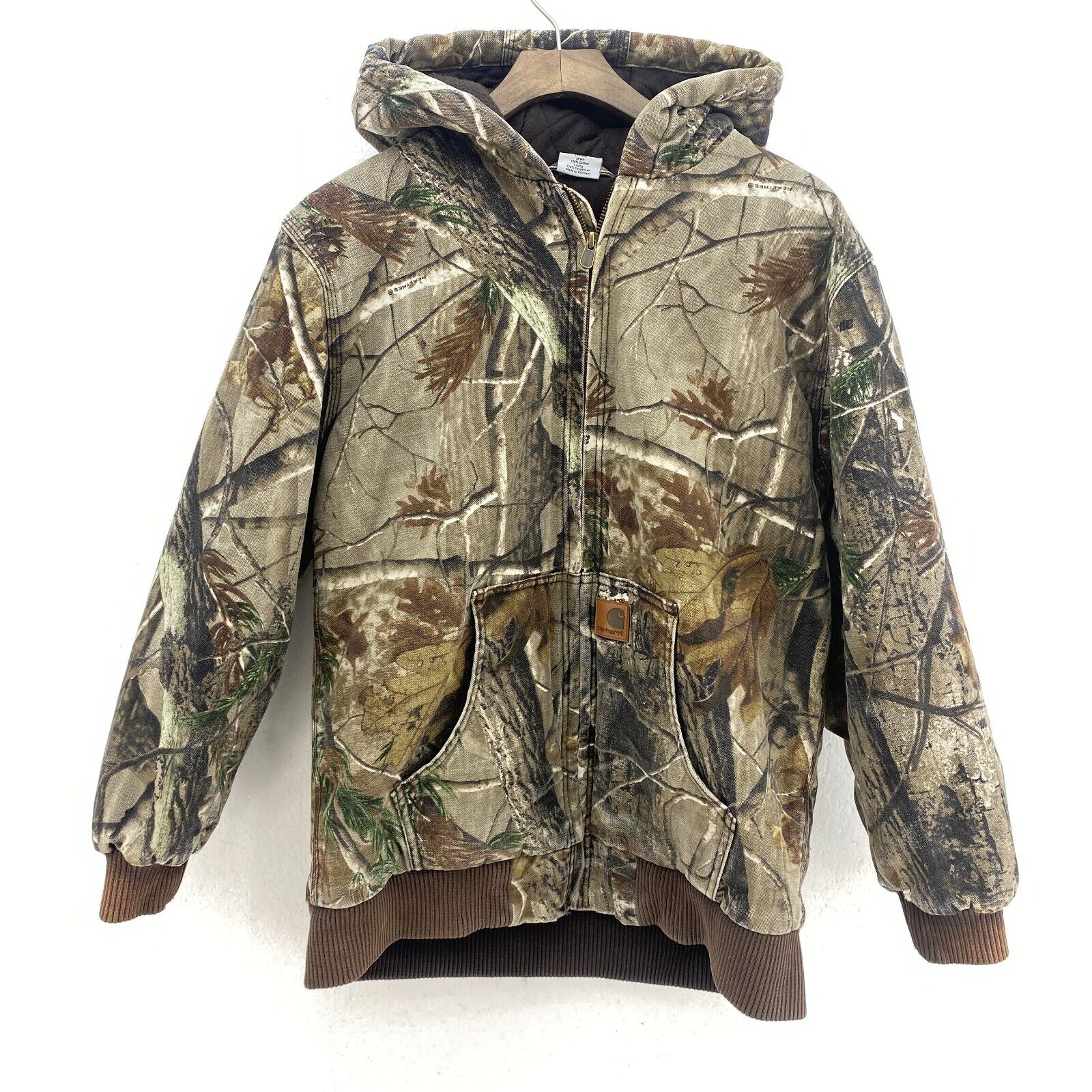 Carhartt Real tree Full Zip Green Canvas Hooded Jacket Size L Kids