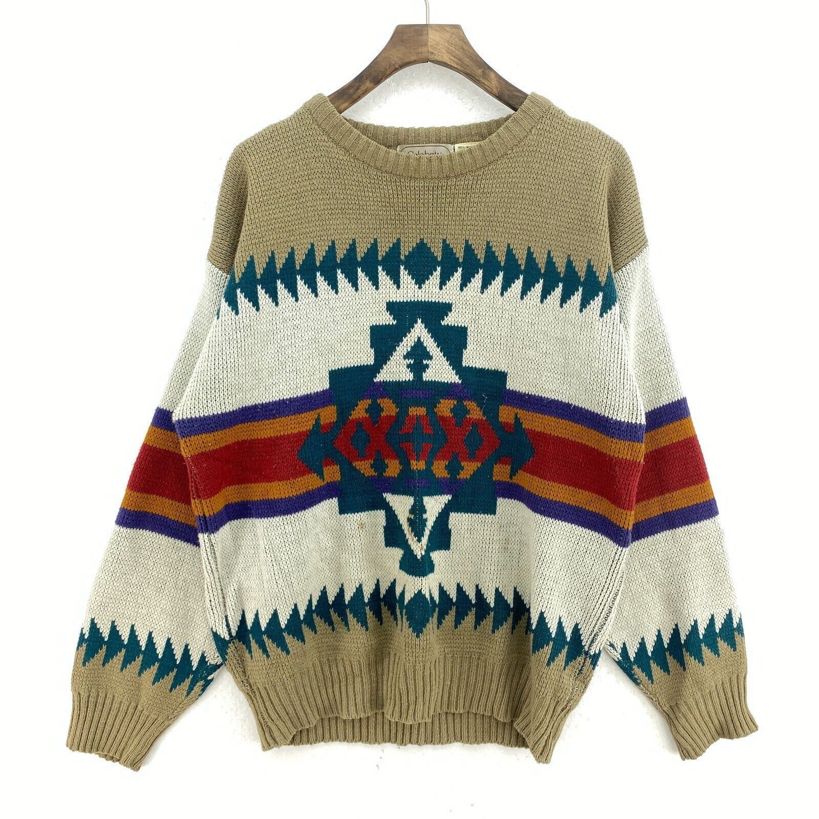 Vintage Aztec Print Crewneck Beige Knit Sweater Size M
