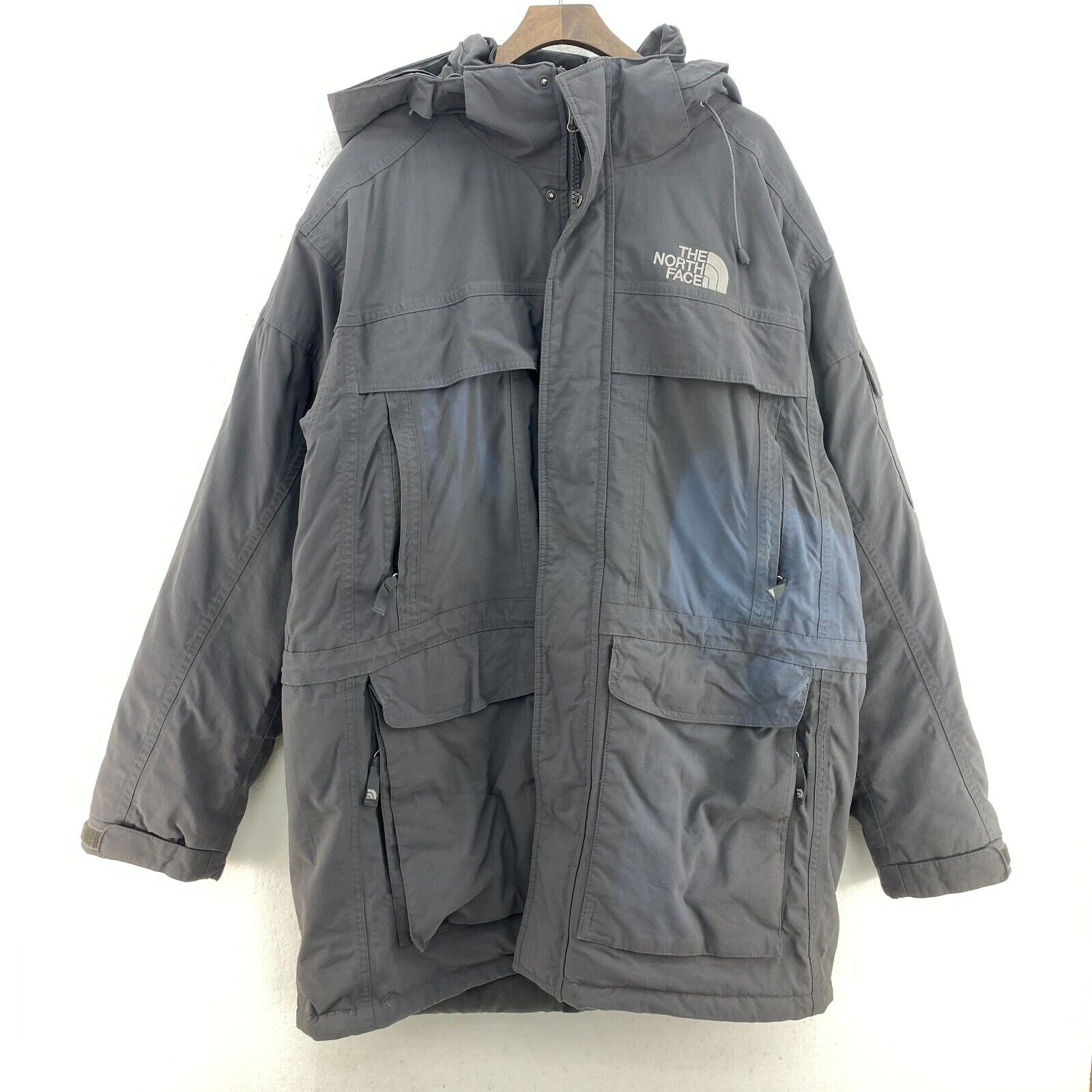 The North Face Hyvent Logo Full Zip Hooded Gray Insulated Long Jacket Size L