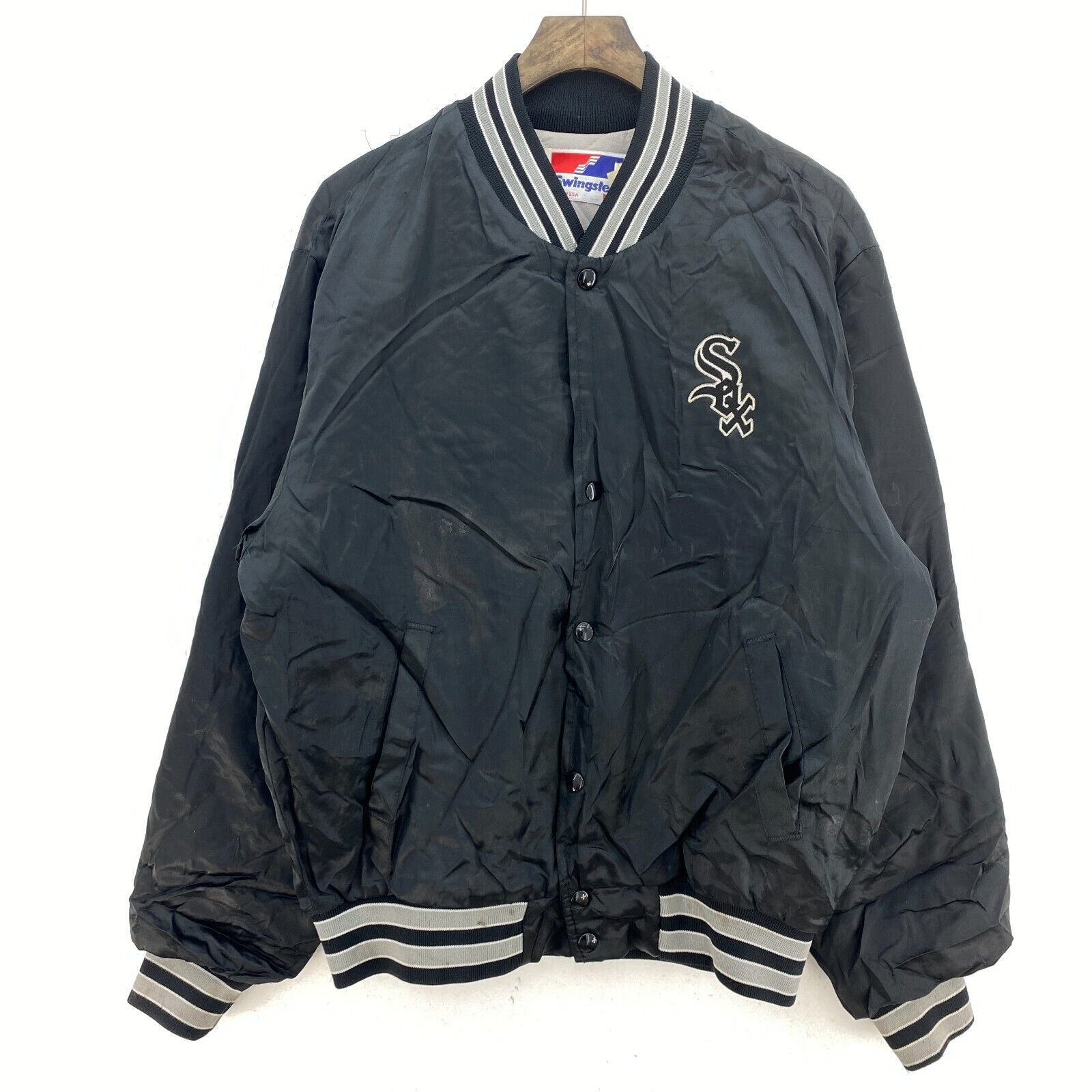 Vintage Swingster College Satin Snapped Black Bomber Jacket Size M