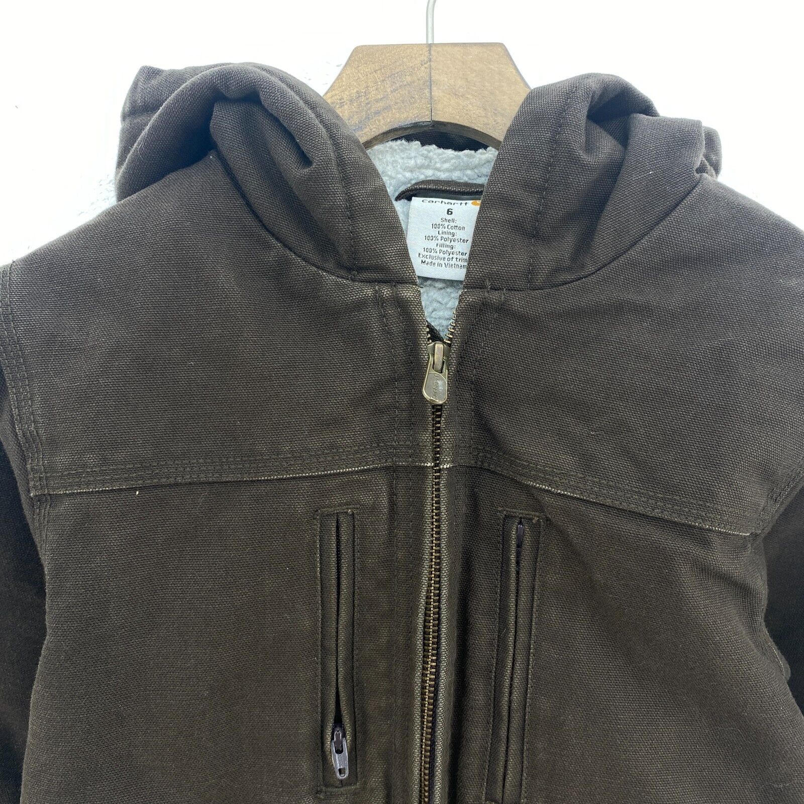 Vintage Carhartt Full Zip Hooded Canvas Jacket Size 6 Kids Brown