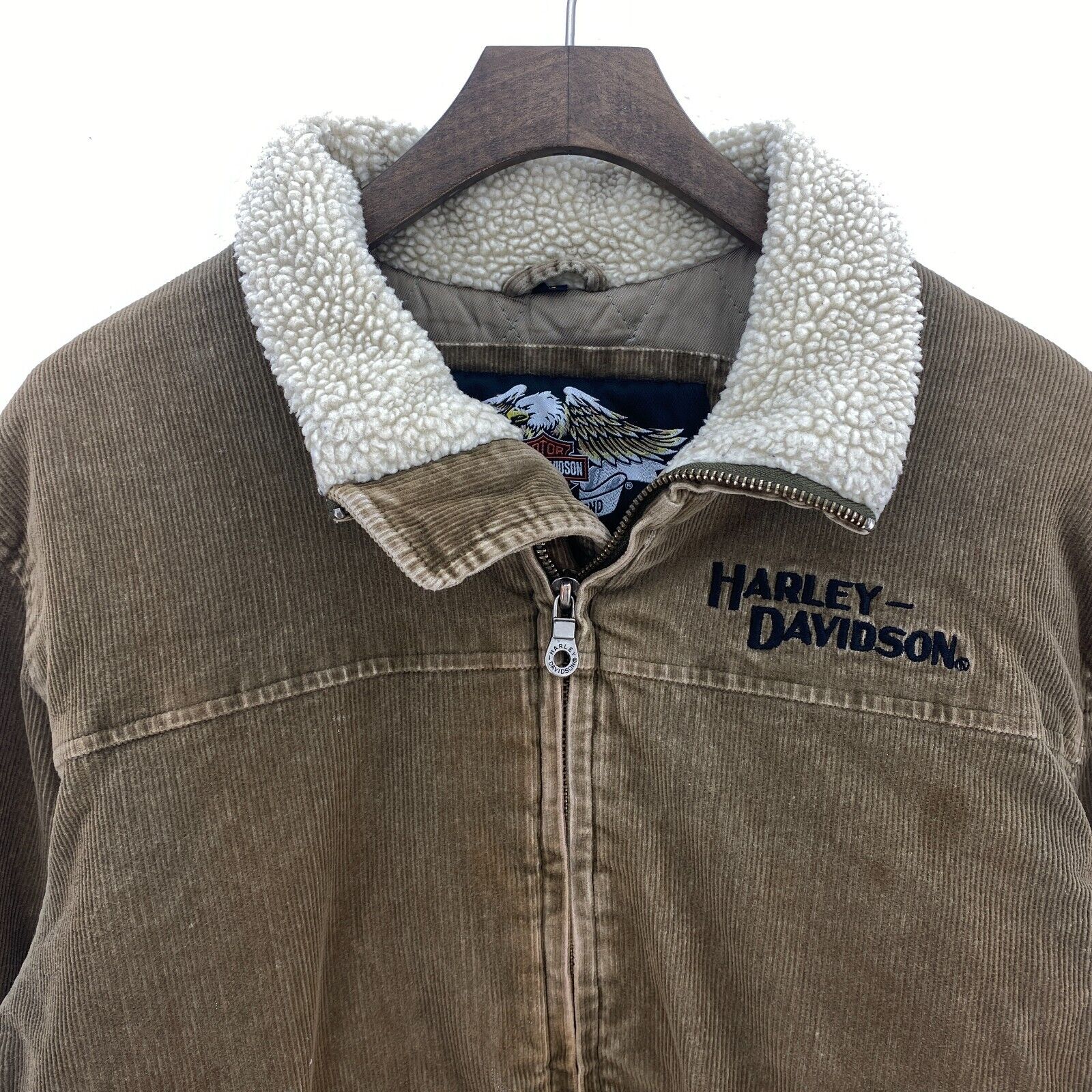 Harley Davidson Shear Lined Full Zip Corduroy Jacket Size M Brown