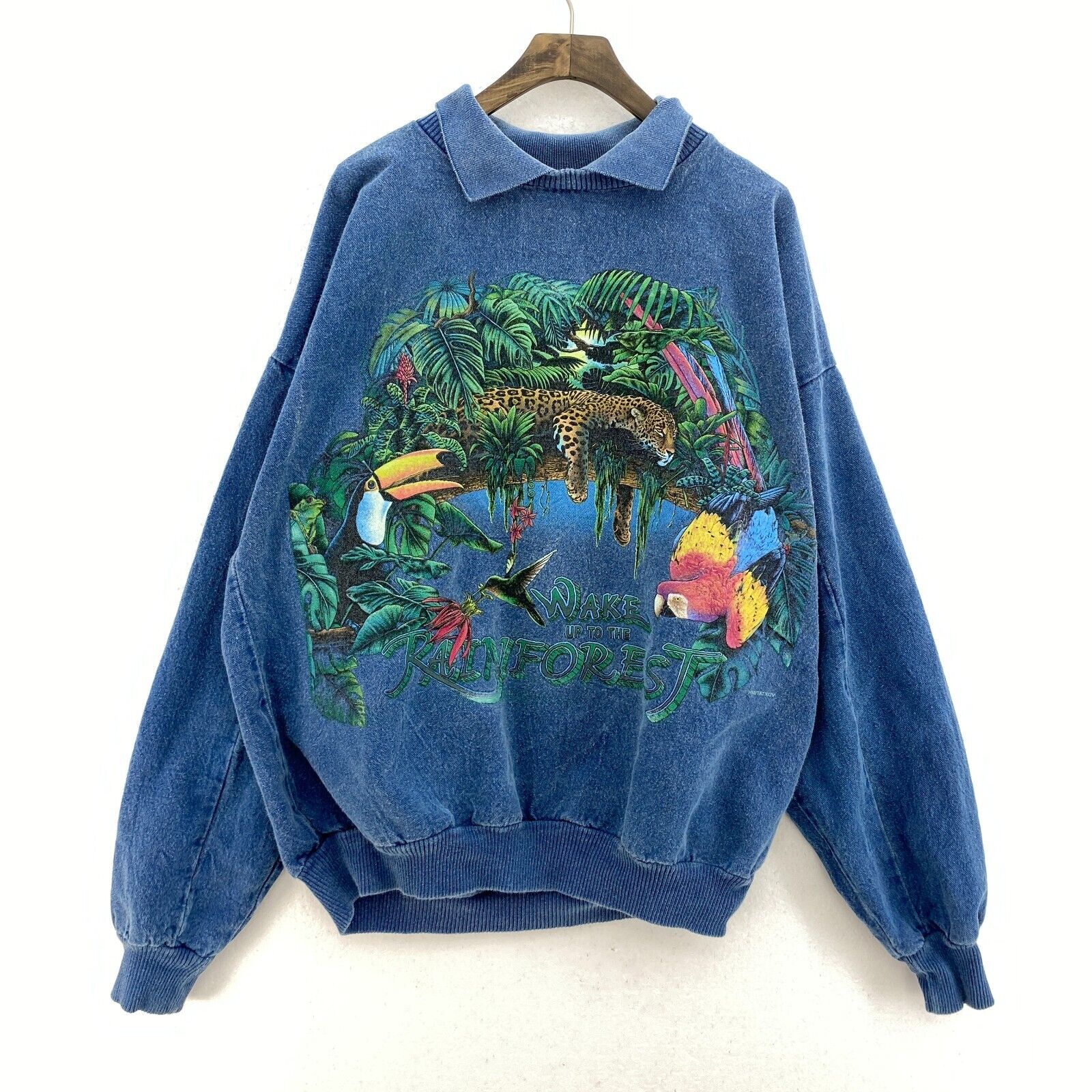 Wake Up To The Rainforest Wild Life Print Blue Pullover Denim Jacket Size L