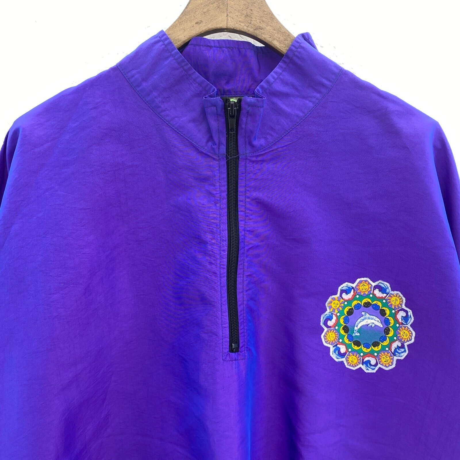 Surf Style Purple Dolphin Print Vintage Quarter Zip Windbreaker Jacket Size XL
