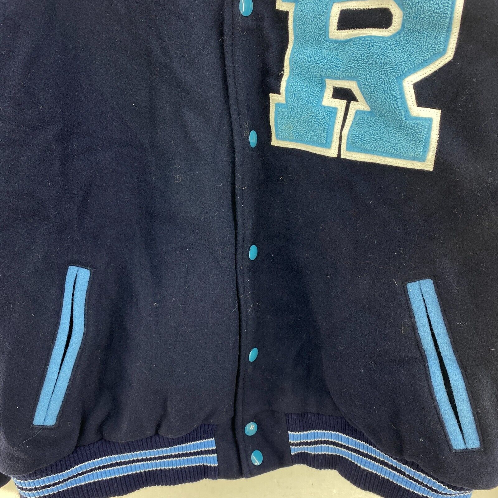 Rowayton Letterman College Navy Blue Snapped Bomber Jacket Size XL
