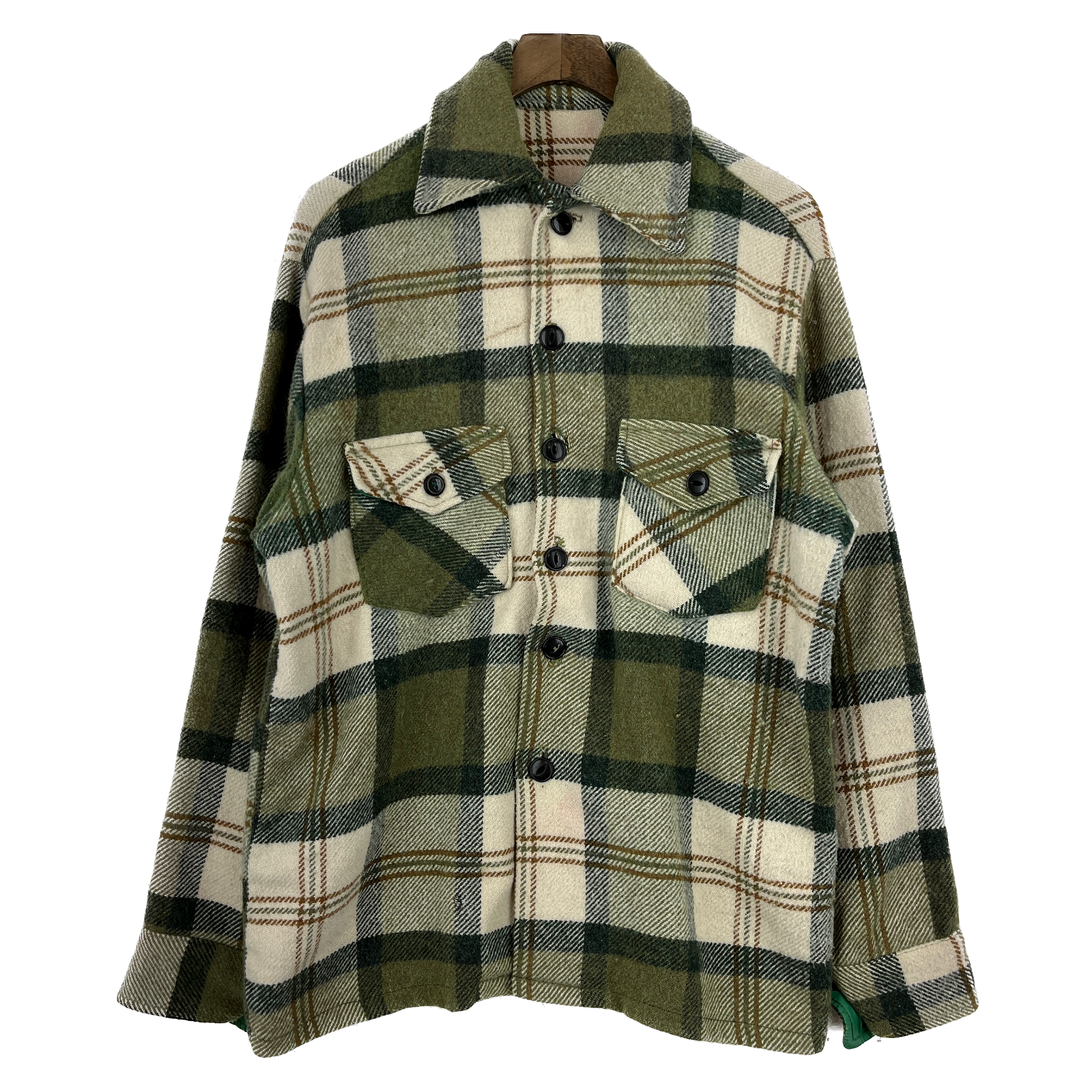 Vintage Heavyweight Button Up Double Pocket Green Checked Shirt Jacket Size S