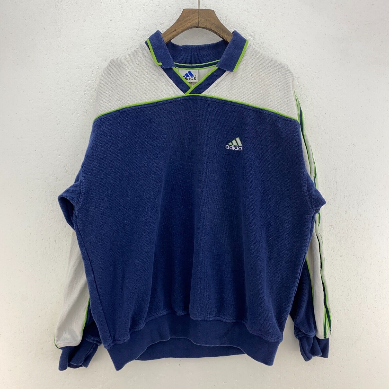 Vintage Adidas Neon Striped Collared Navy Blue Sweatshirt Size M