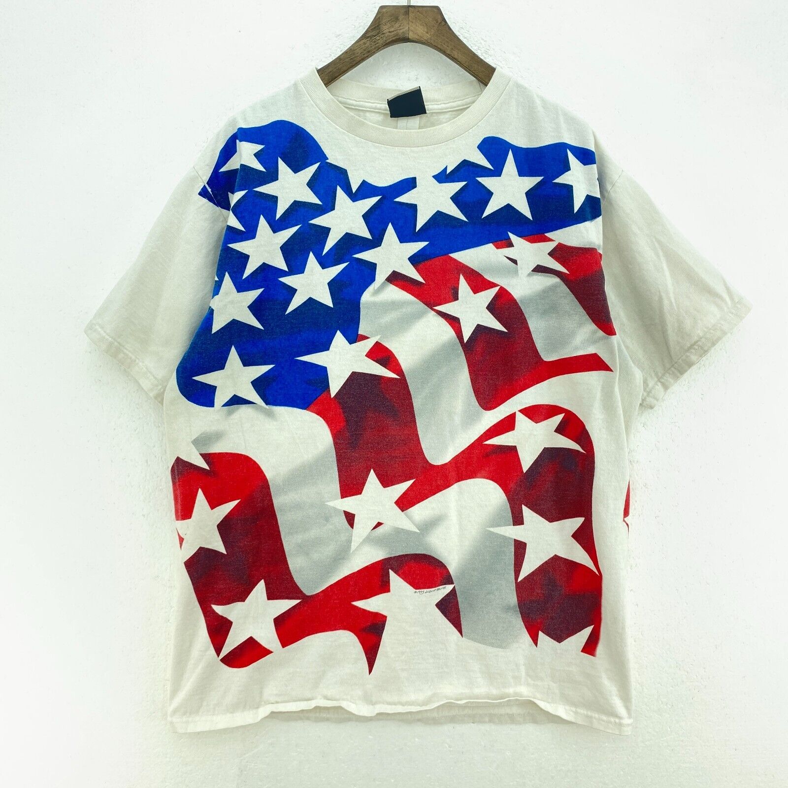 Vintage Liquid Blue 1995 American Flag Stars Stripes White Red T-shirt Size L
