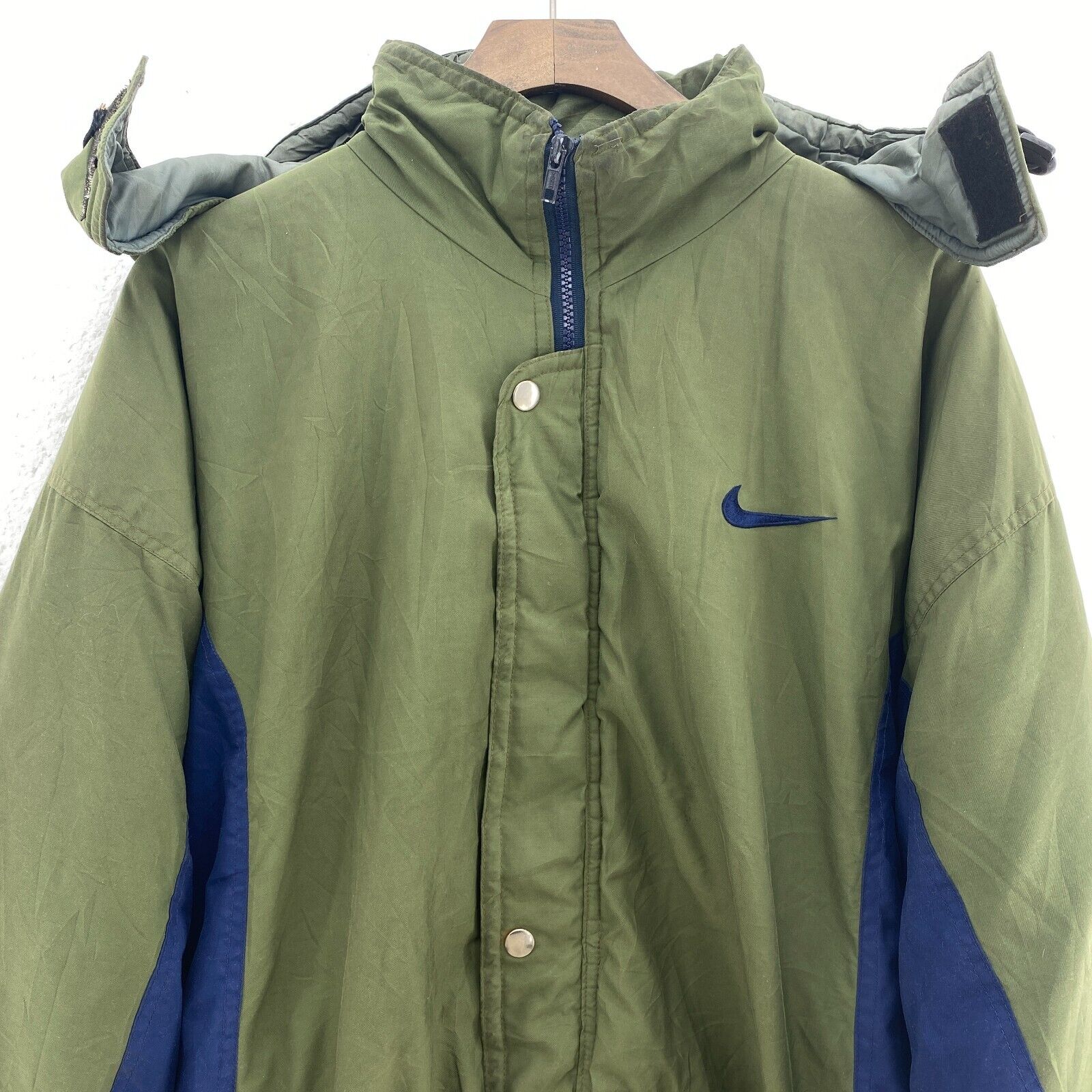 Nike Swoosh Check Embroidered Green Full Zip Hooded Insulated Jacket Size L