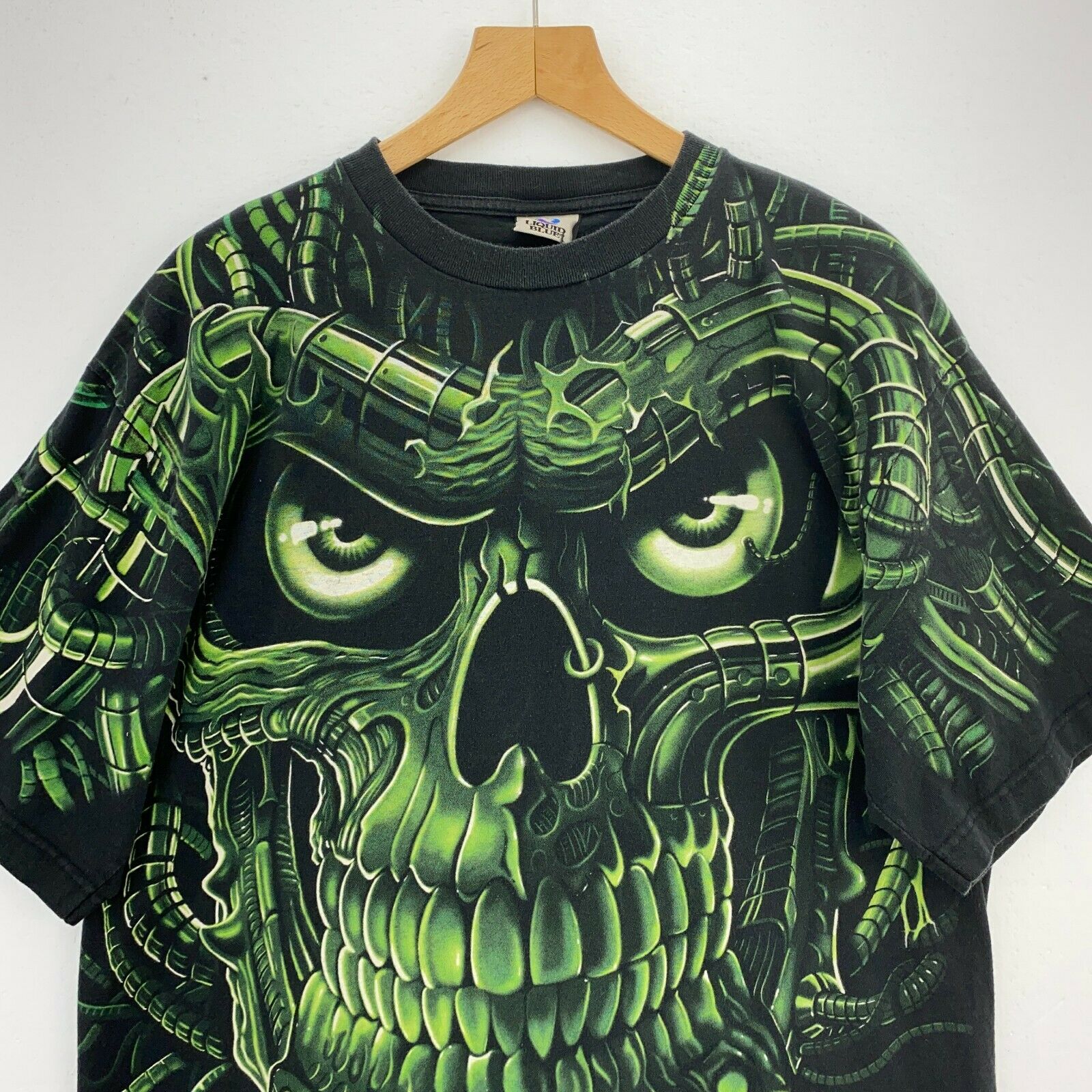 1998 Liquid Blue Green Skull Black T-shirt Size L