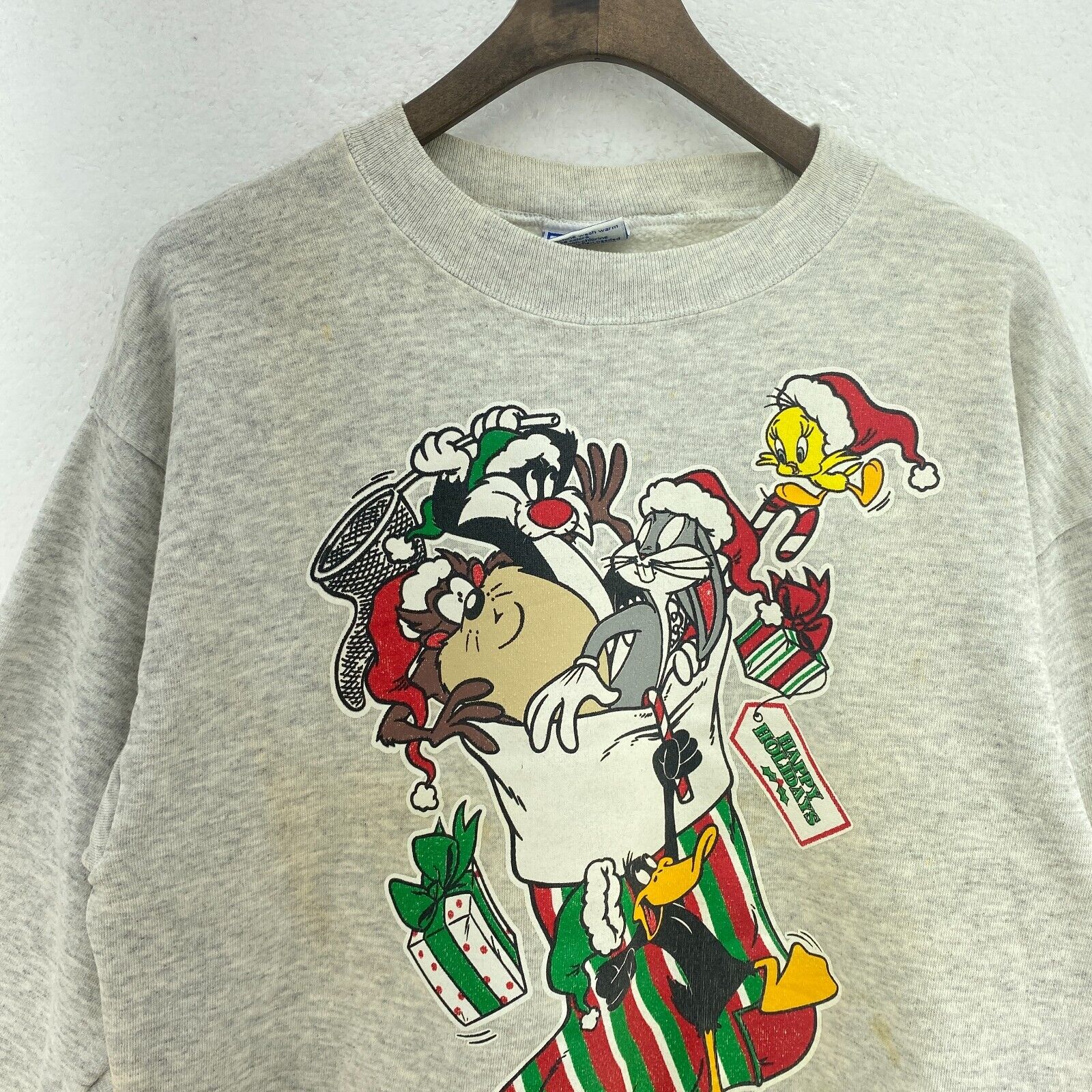 Warner Bros Happy Holidays Tweety Bugs Bunny 1994 Gray Sweatshirt Size L