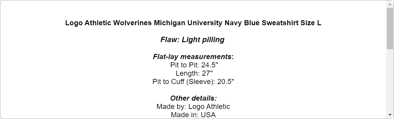 Logo Athletic Wolverines Michigan University Navy Blue Sweatshirt Size L
