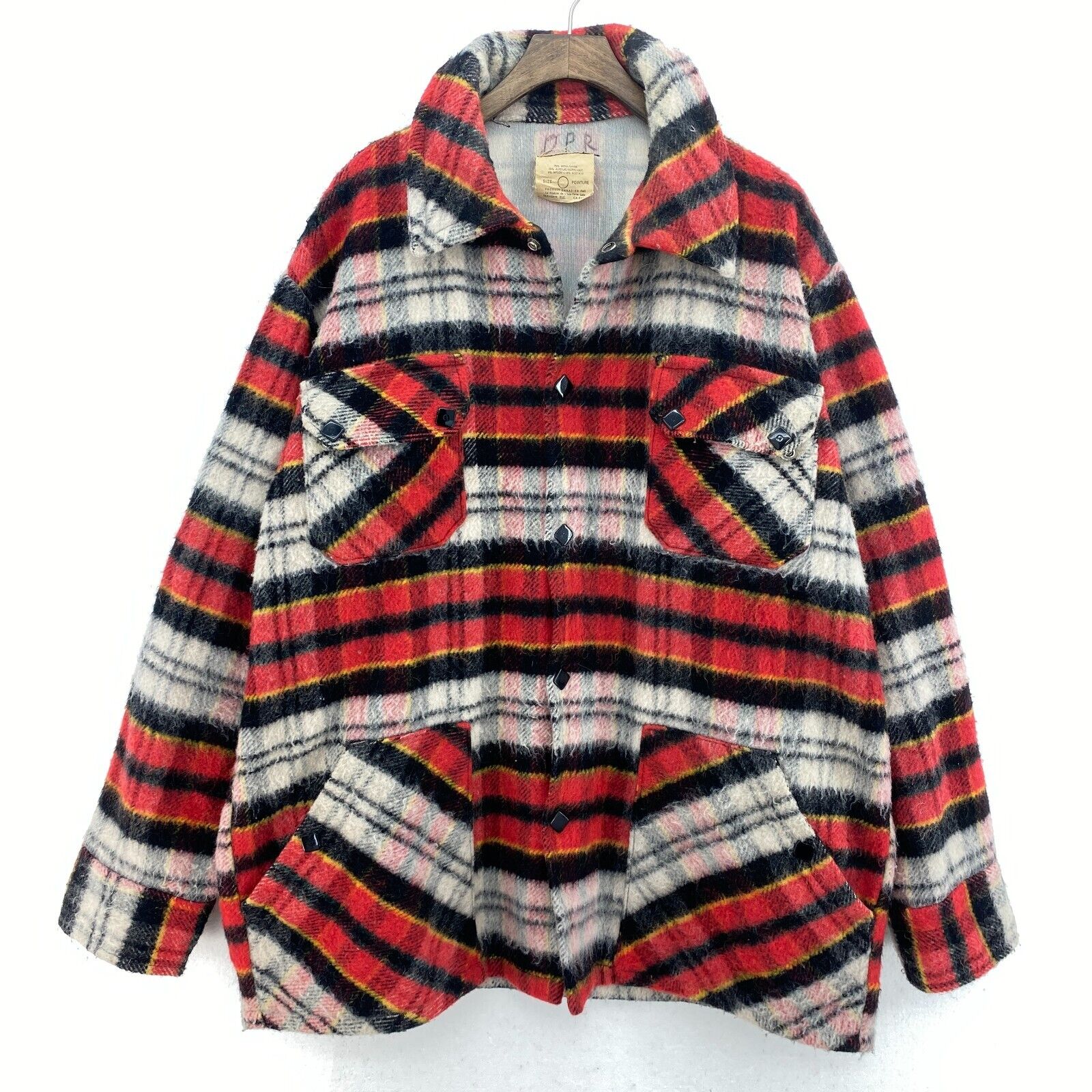 Vintage Red Black Checked Snapped Wool Shirt Jacket Size 42
