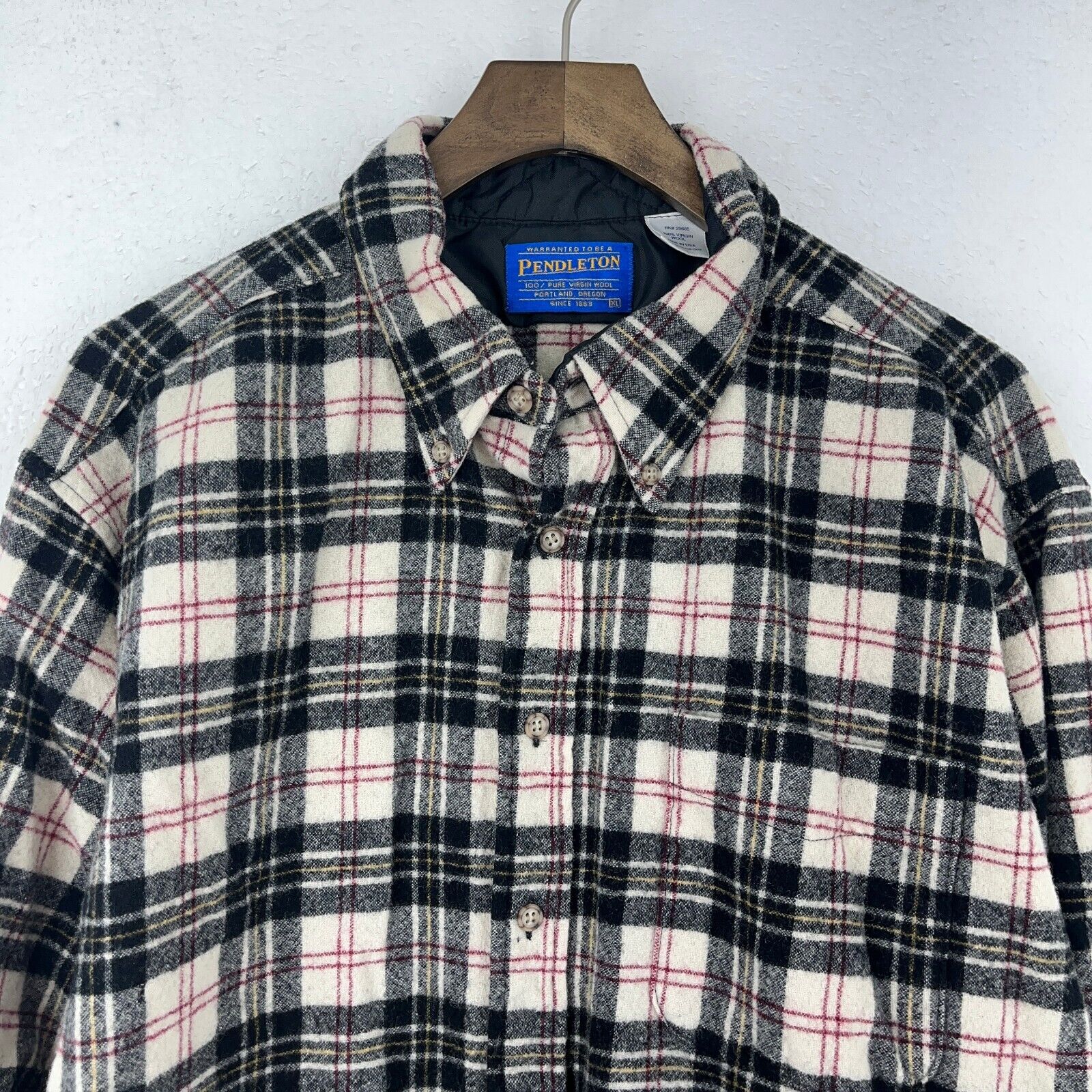 Vintage Pendleton Button Up Single Pocket Black White Wool Shirt Size XL