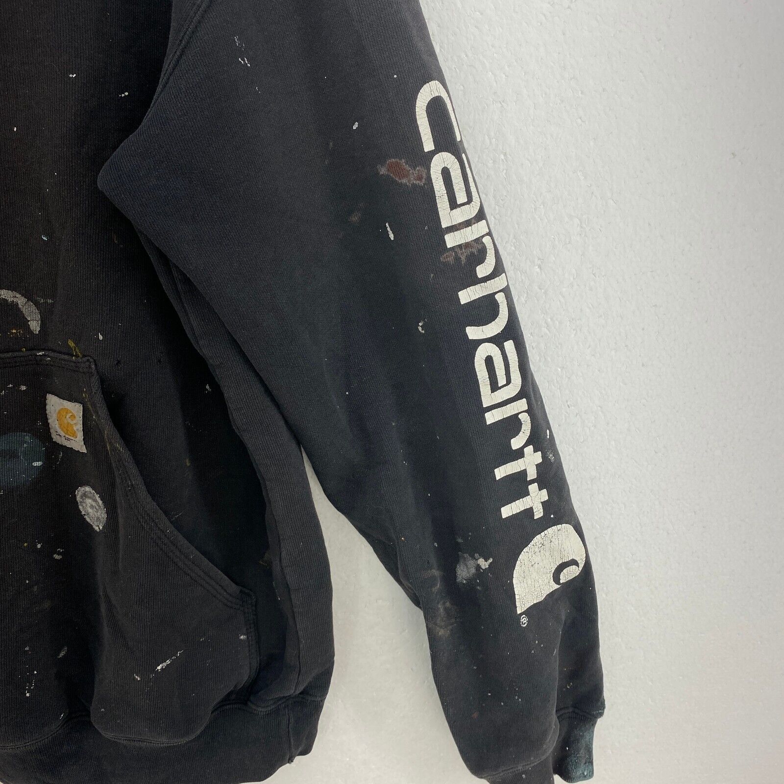 Carhartt Distressed Workwear Black Hoodie Size L Sleeve Spell Out
