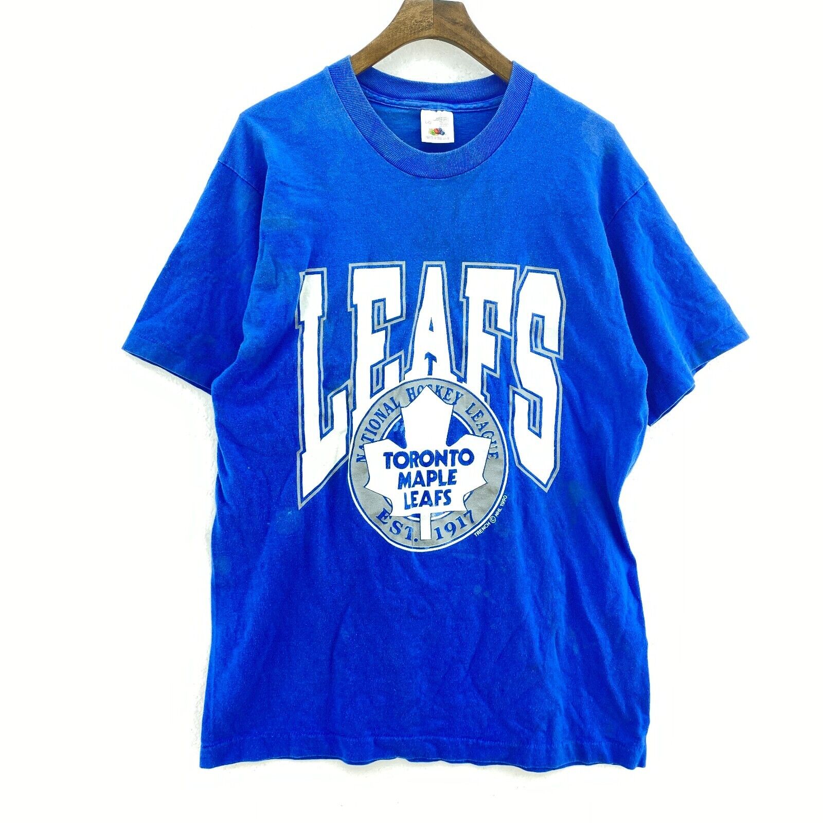 Toronto Maple Leafs Logo 1990 NHL Blue T-shirt Size L Single Stitch