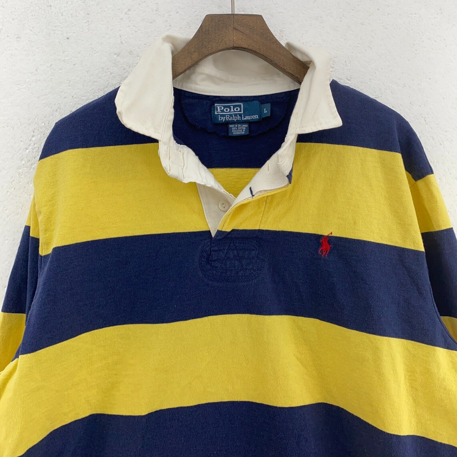Vintage Polo Ralph Lauren Striped Yellow Navy Blue Polo T-shirt Size L