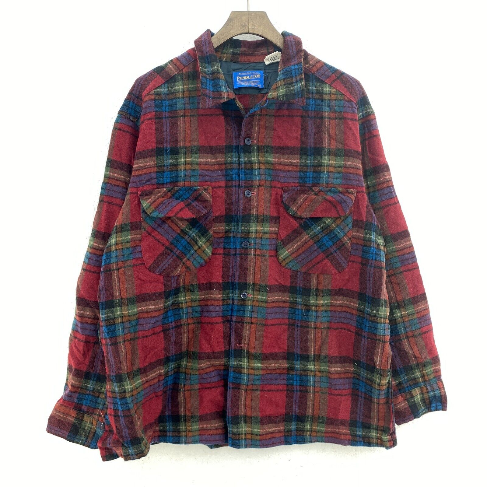 Vintage Pendleton Wool Checked Red Button Up Shirt Size XL Looped Collar