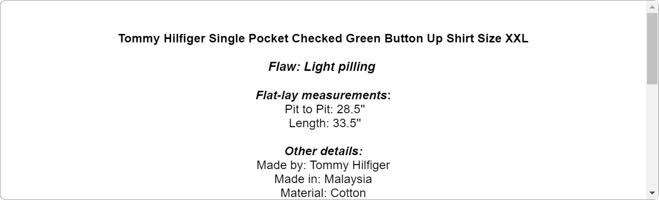 Tommy Hilfiger Single Pocket Checked Green Button Up Shirt Size XXL