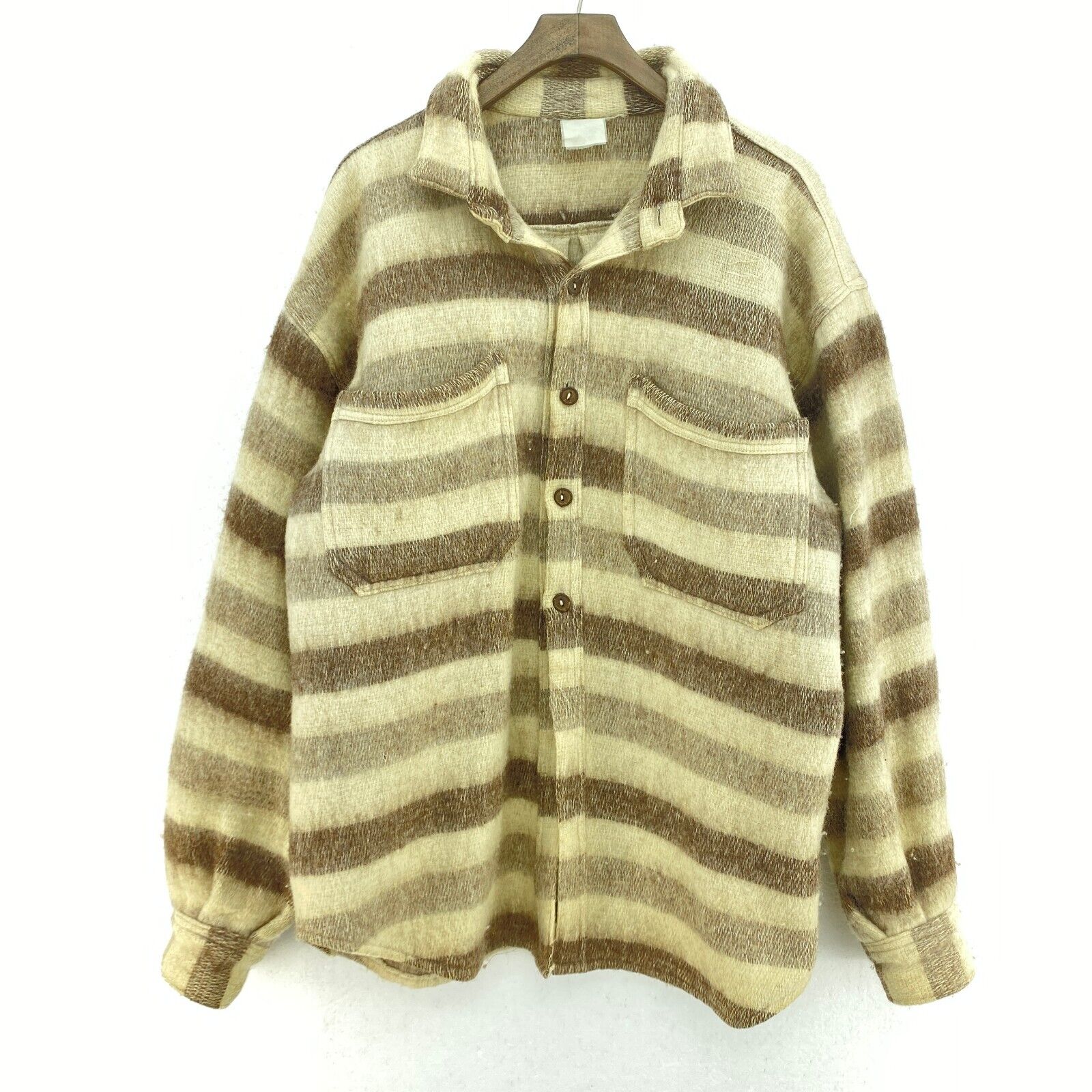 Vintage Beige Striped Double Pocket Flannel Button Up Shirt Size M