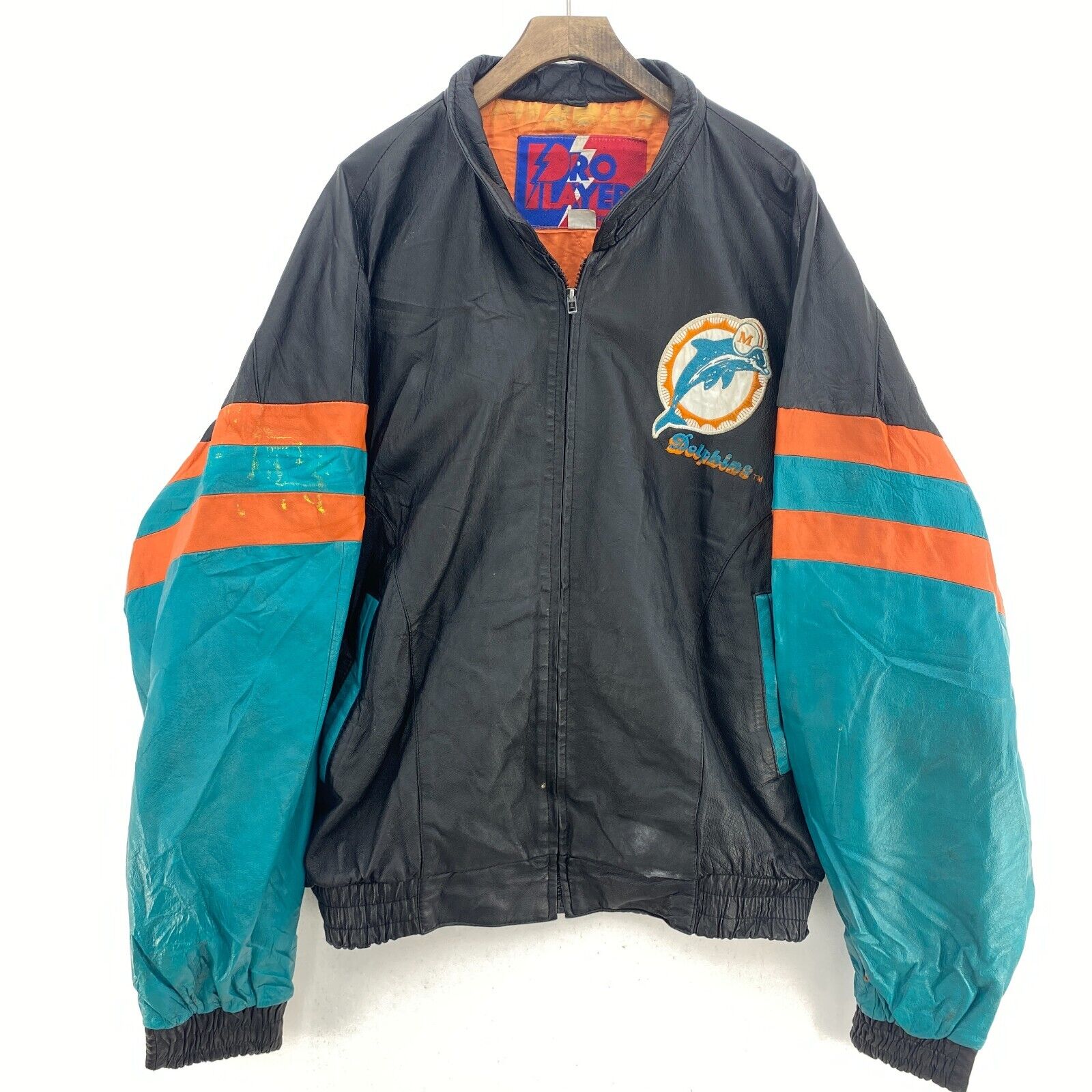 Pro Player Miami Dolphins Logo NFL Vintage Leather Full Zip Jacket Size XL