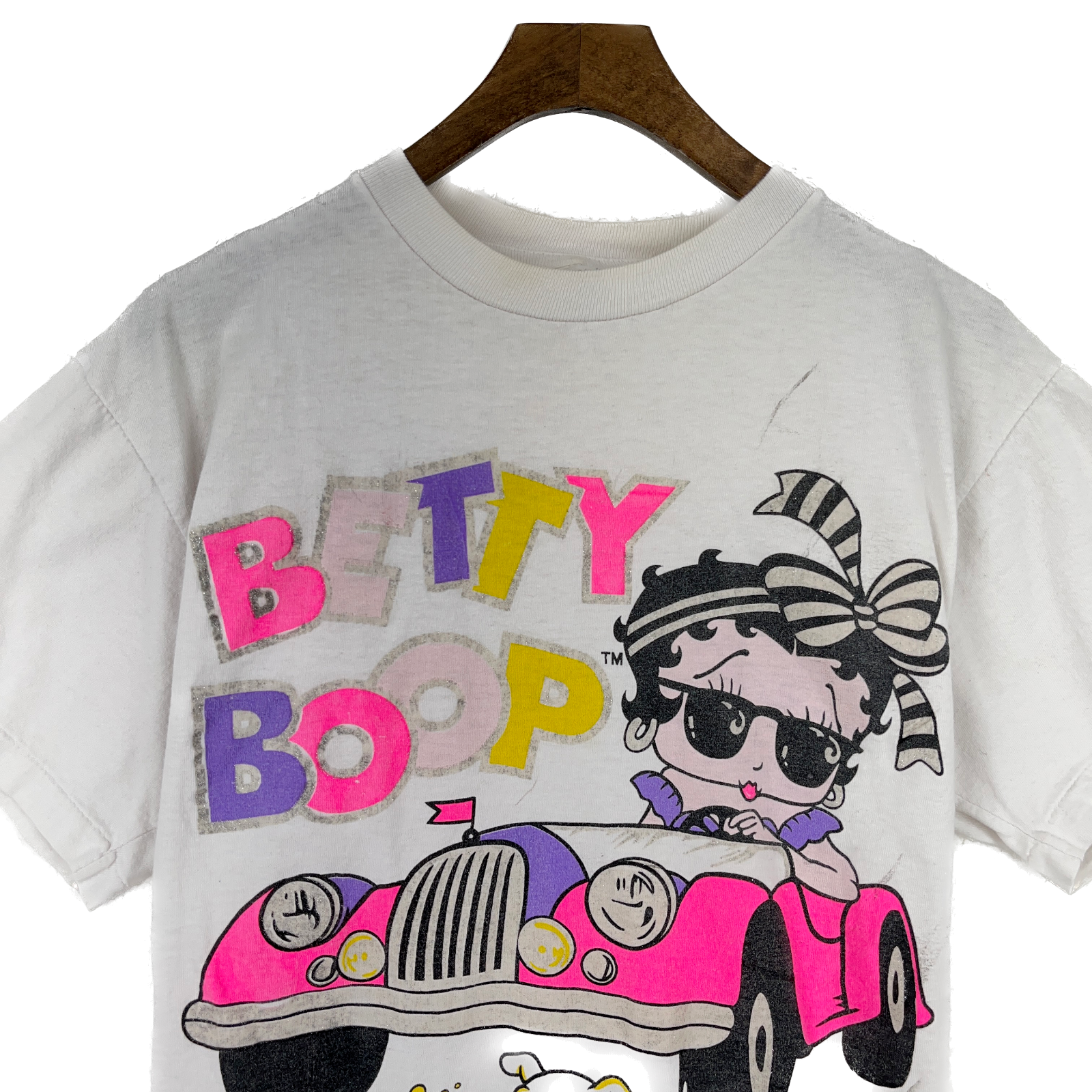 Vintage Betty Boop Car Dog White T-shirt Size L Women's Single Stitch