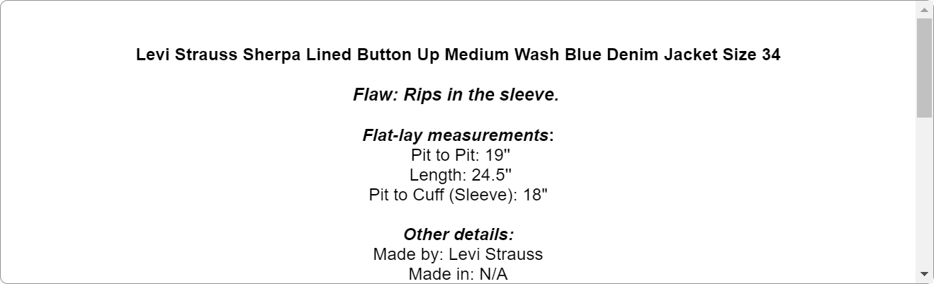 Levi Strauss Sherpa Lined Button Up Medium Wash Blue Denim Jacket Size 34