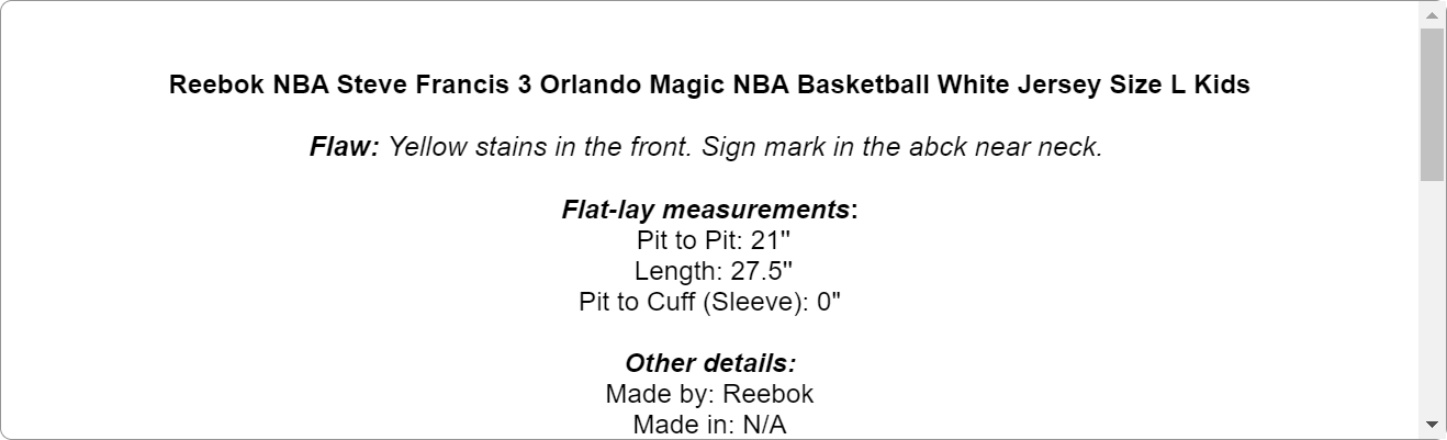 Reebok NBA Steve Francis 3 Orlando Magic NBA Basketball White Jersey Size L Kids