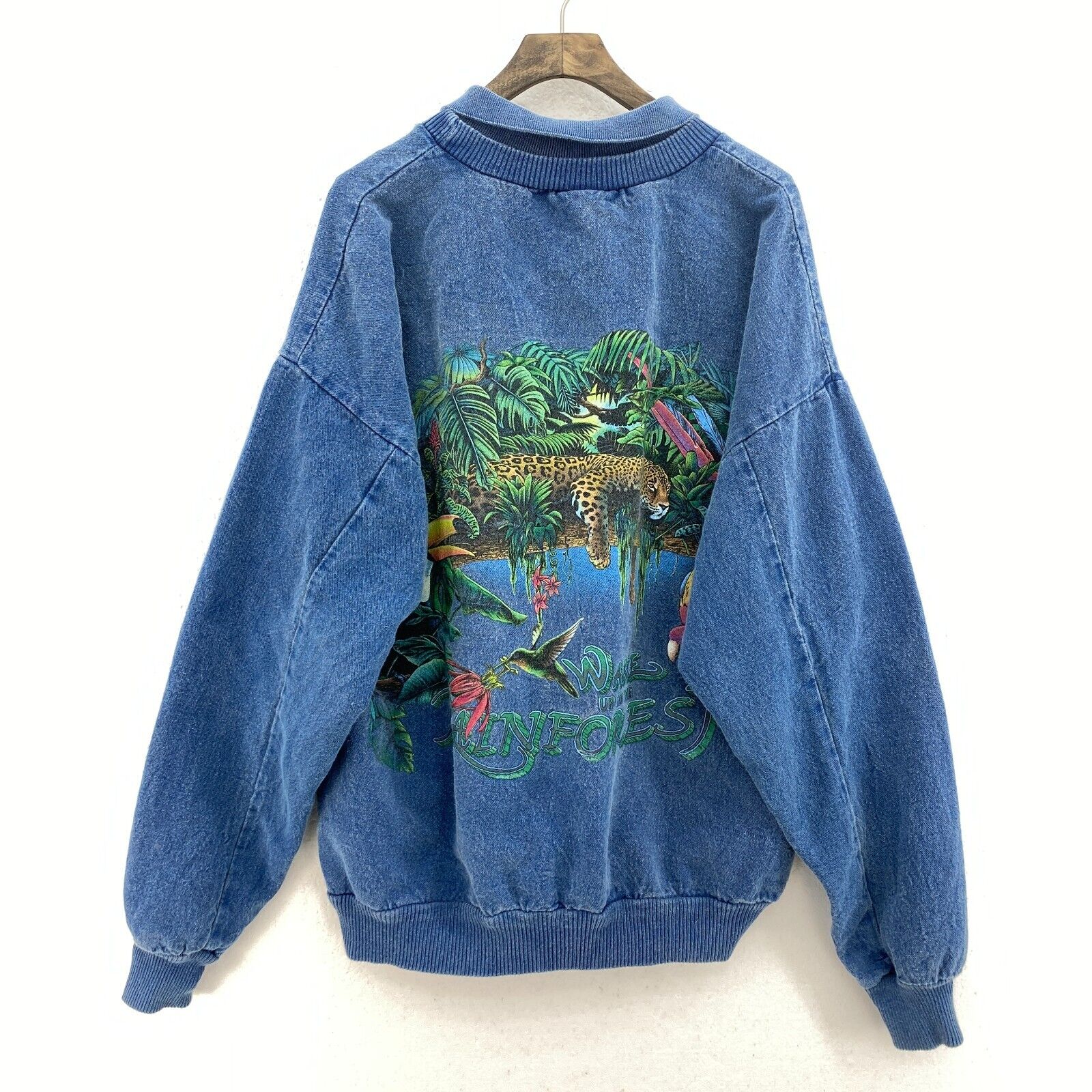 Wake Up To The Rainforest Wild Life Print Blue Pullover Denim Jacket Size L