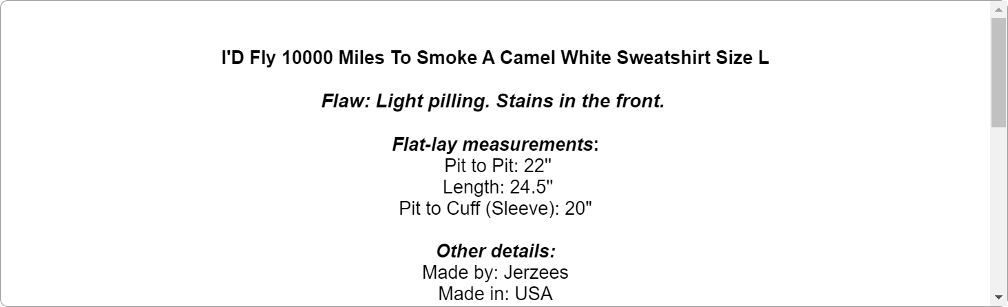 I'D Fly 10000 Miles To Smoke A Camel White Sweatshirt Size L