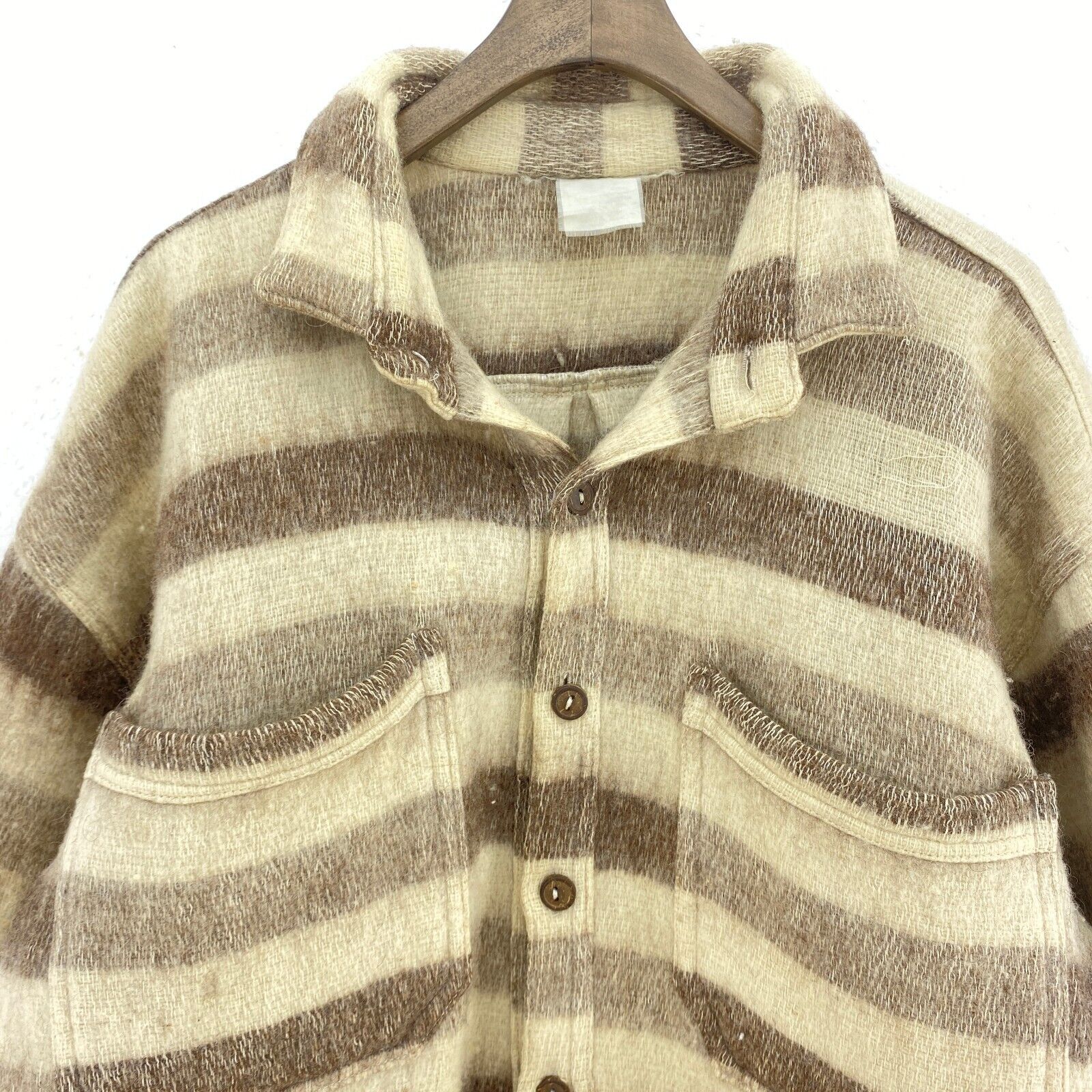 Vintage Beige Striped Double Pocket Flannel Button Up Shirt Size M