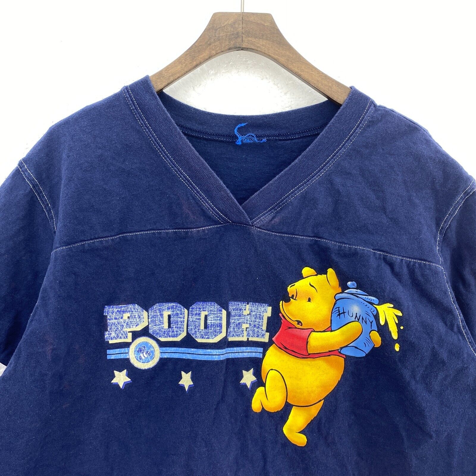 Vintage Disney Winnie The Pooh Hunny Navy Blue V-Neck T-shirt Size L