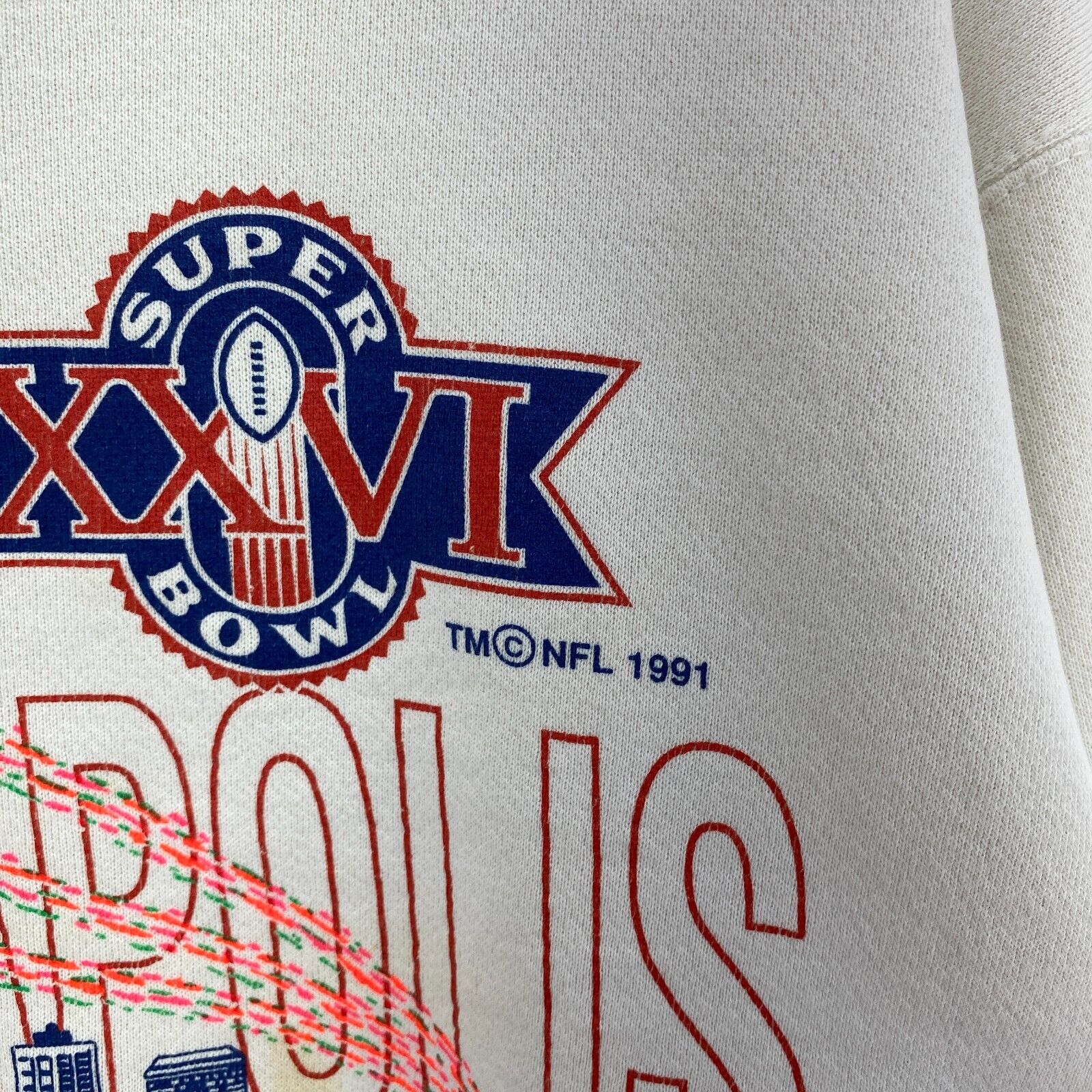 Vintage Logo 7 Minneapolis NFL Super Bowl 1991 XXVI White Sweatshirt Size M