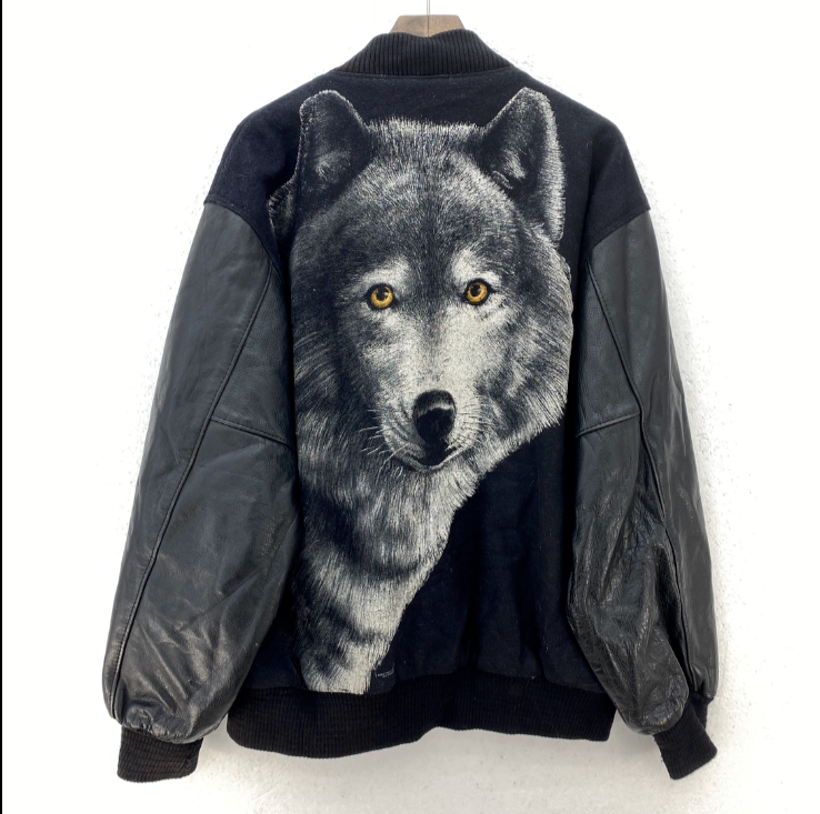Vintage Wolf Print Black Snapped Bomber Jacket Size L