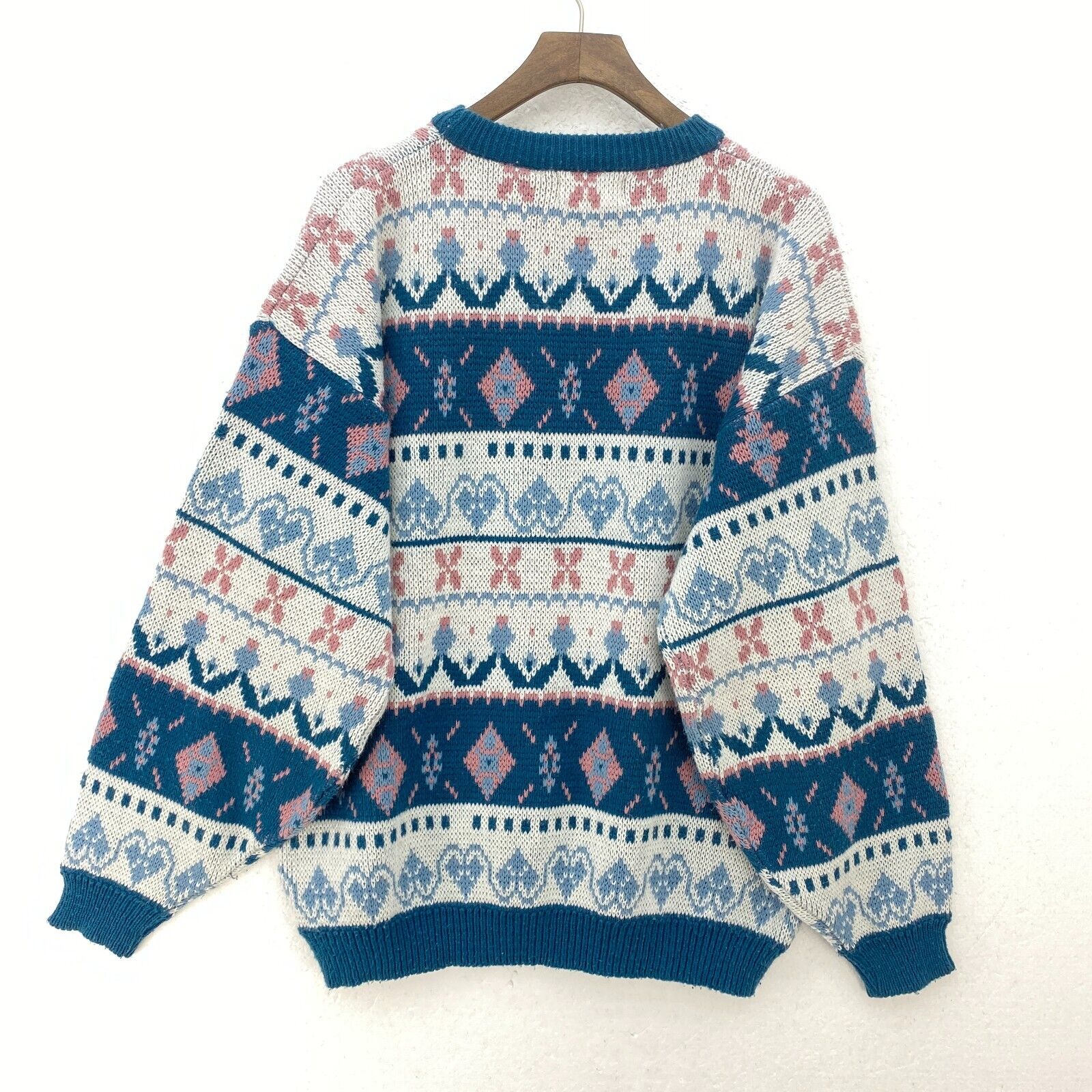 Vintage Pattern Blue Crew Neck Knit Sweater Size M